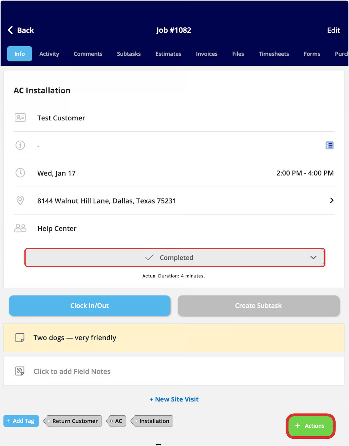Marking a job Completed and clocking out from the Actions menu on mobile