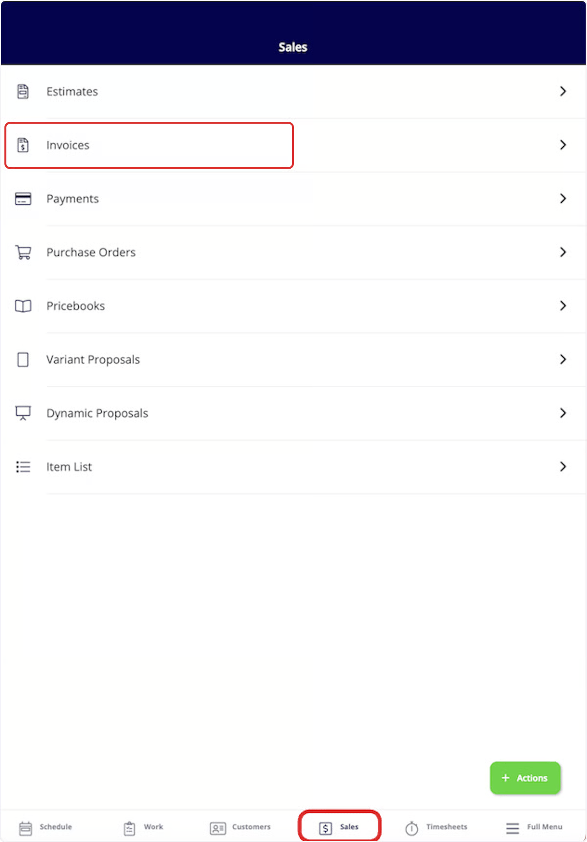 Creating an invoice from the job record's Actions menu on mobile