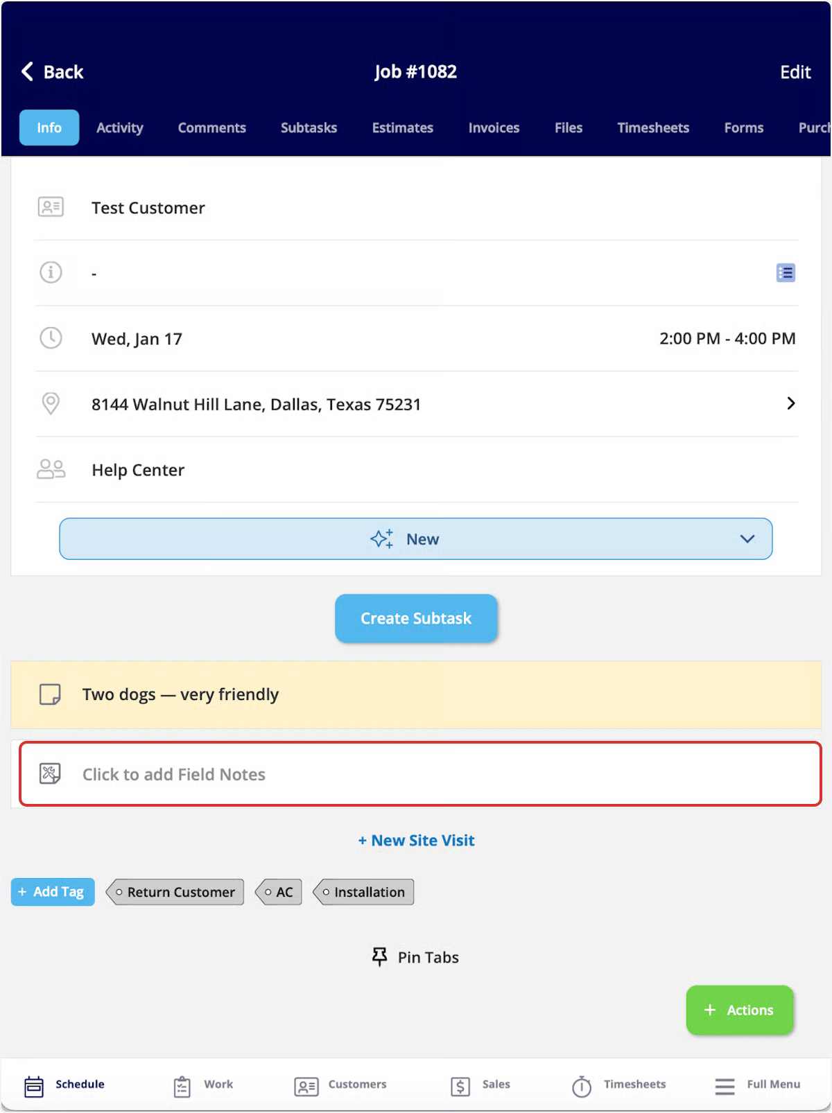 The mobile job Info page where you update status, add field notes, and attach photos