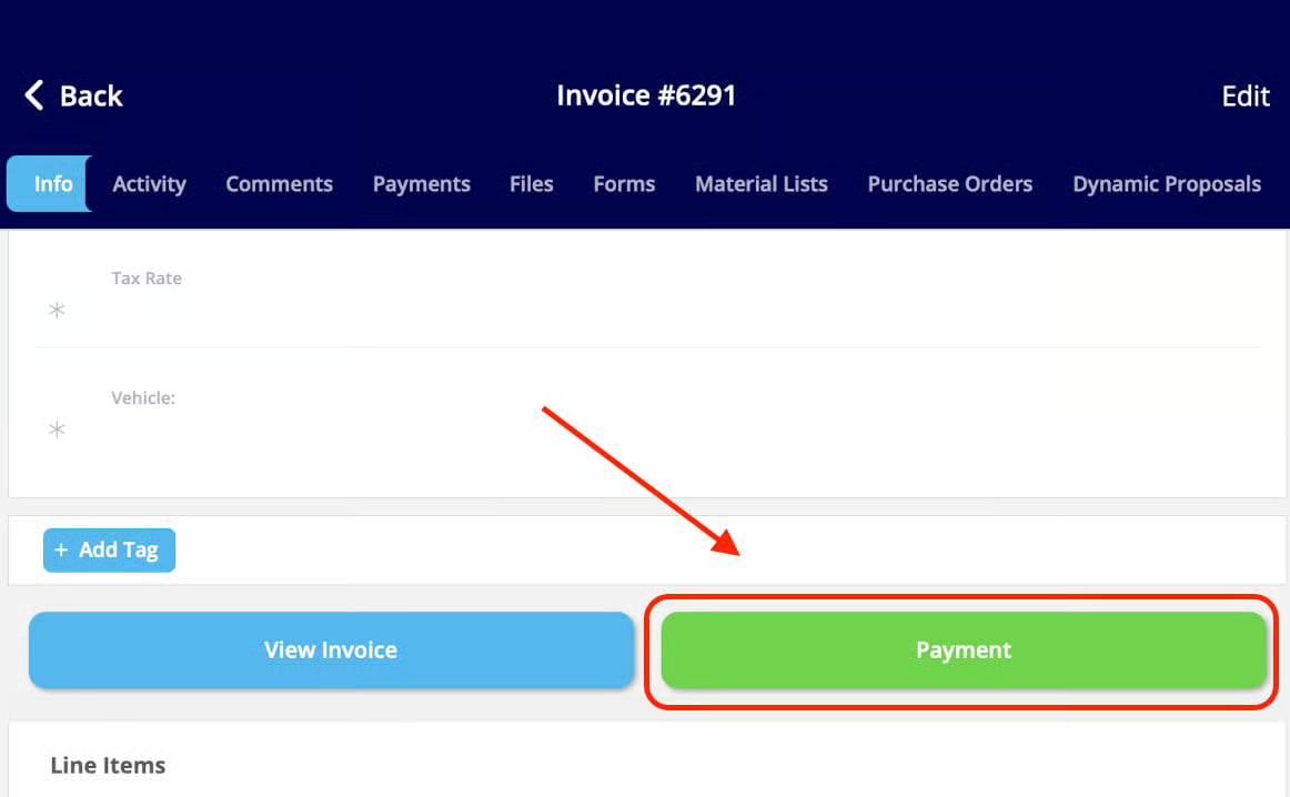 The mobile invoice Payment screen with Collect Payment and Send Payment Request options