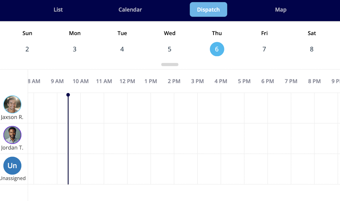 The Dispatch view showing the current-time line and per-team-member row separators