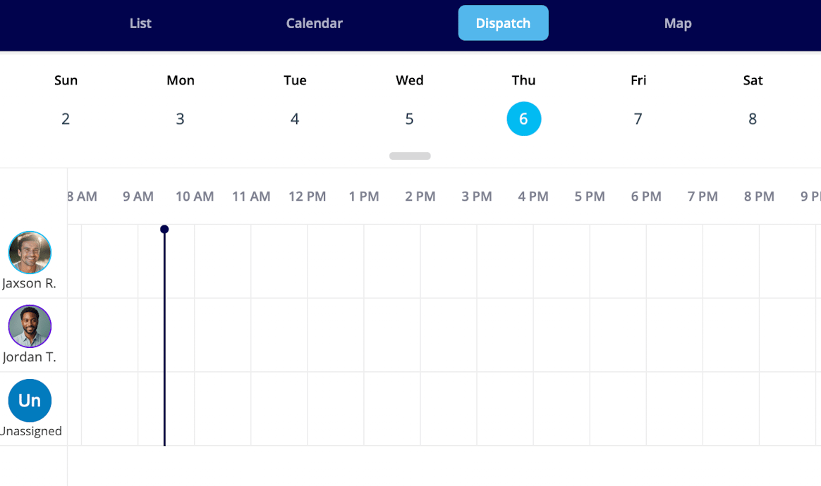 The Dispatch view showing the current-time line and per-team-member row separators