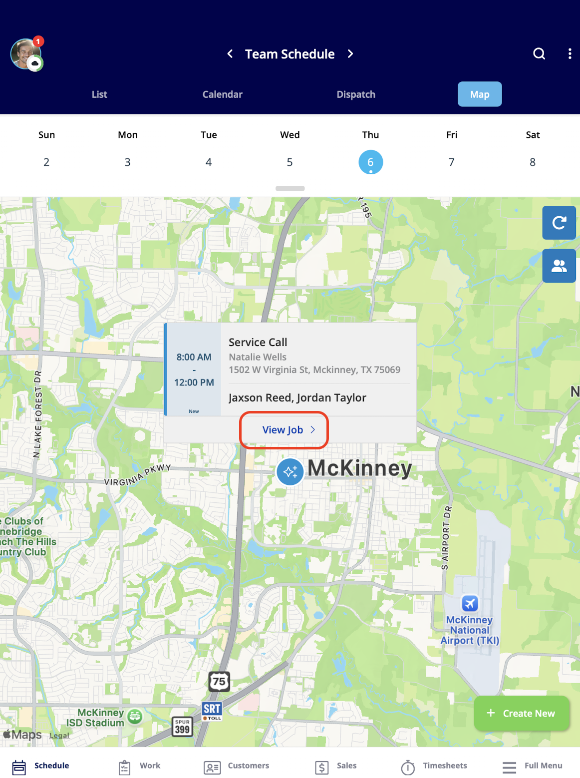 Map View of jobs under the mobile Schedule tab