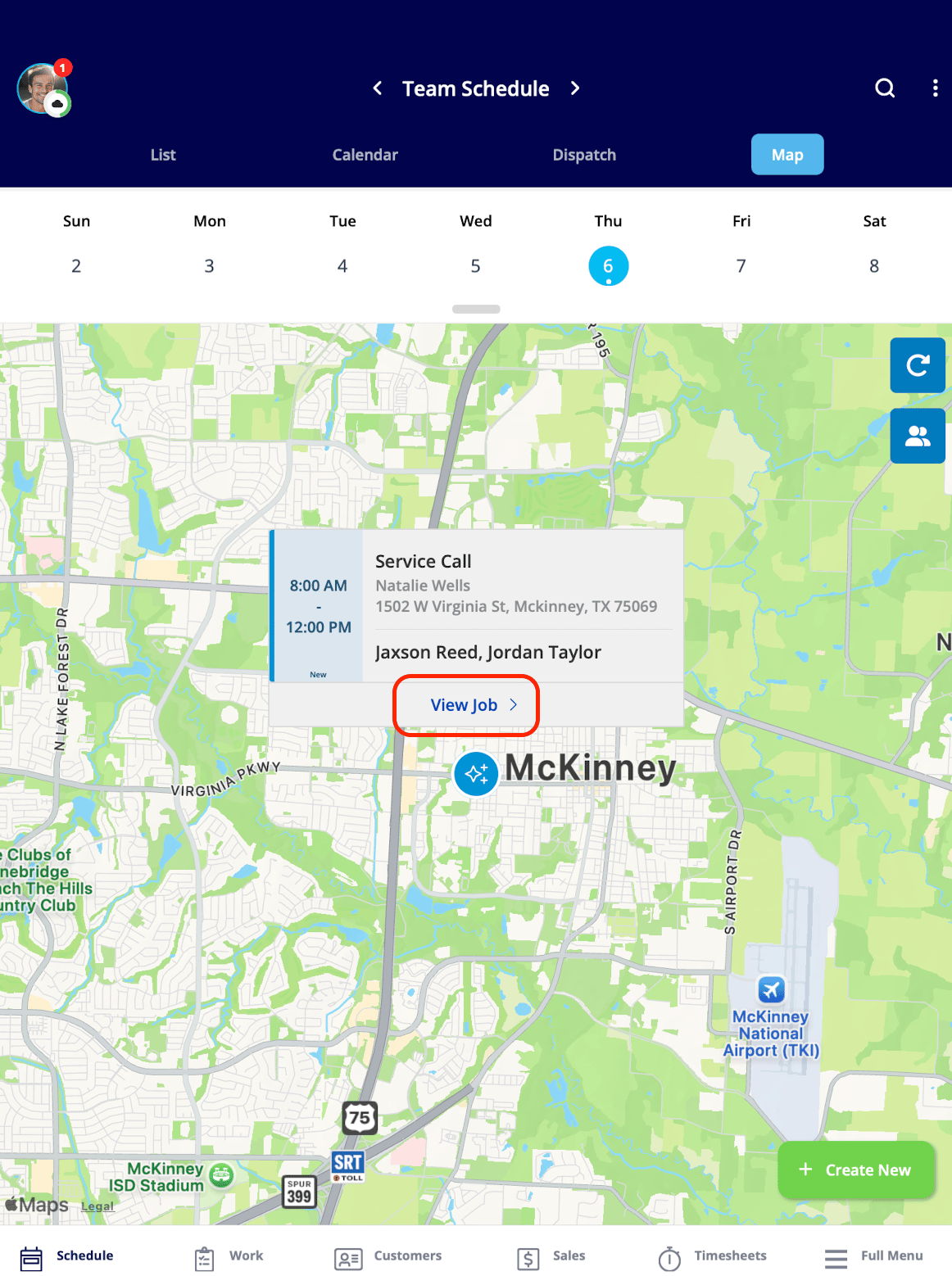 The Map view of the Schedule tab showing a scheduled job's card with a View Job link on the map
