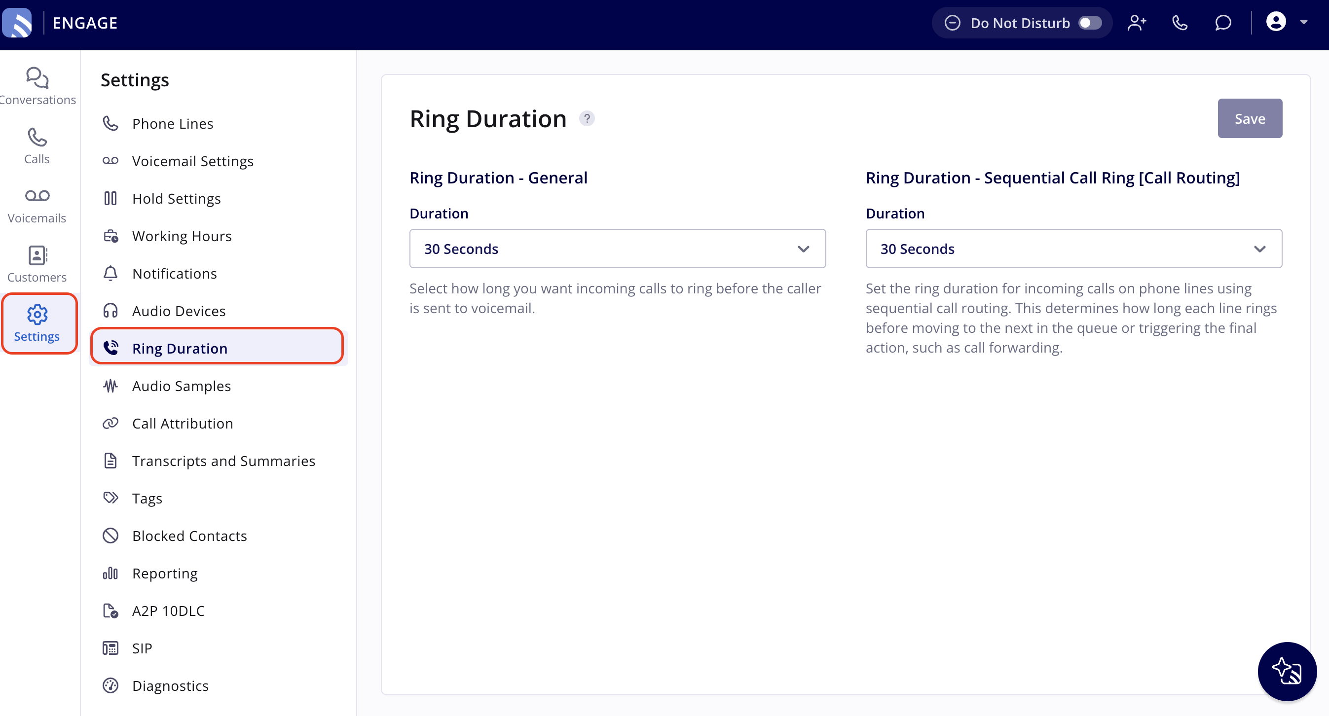 Engage Settings page with Settings highlighted in the left navigation bar and Ring Duration highlighted in the Settings menu, showing the Ring Duration - General and Ring Duration - Sequential Call Ring Duration dropdowns and the Save button