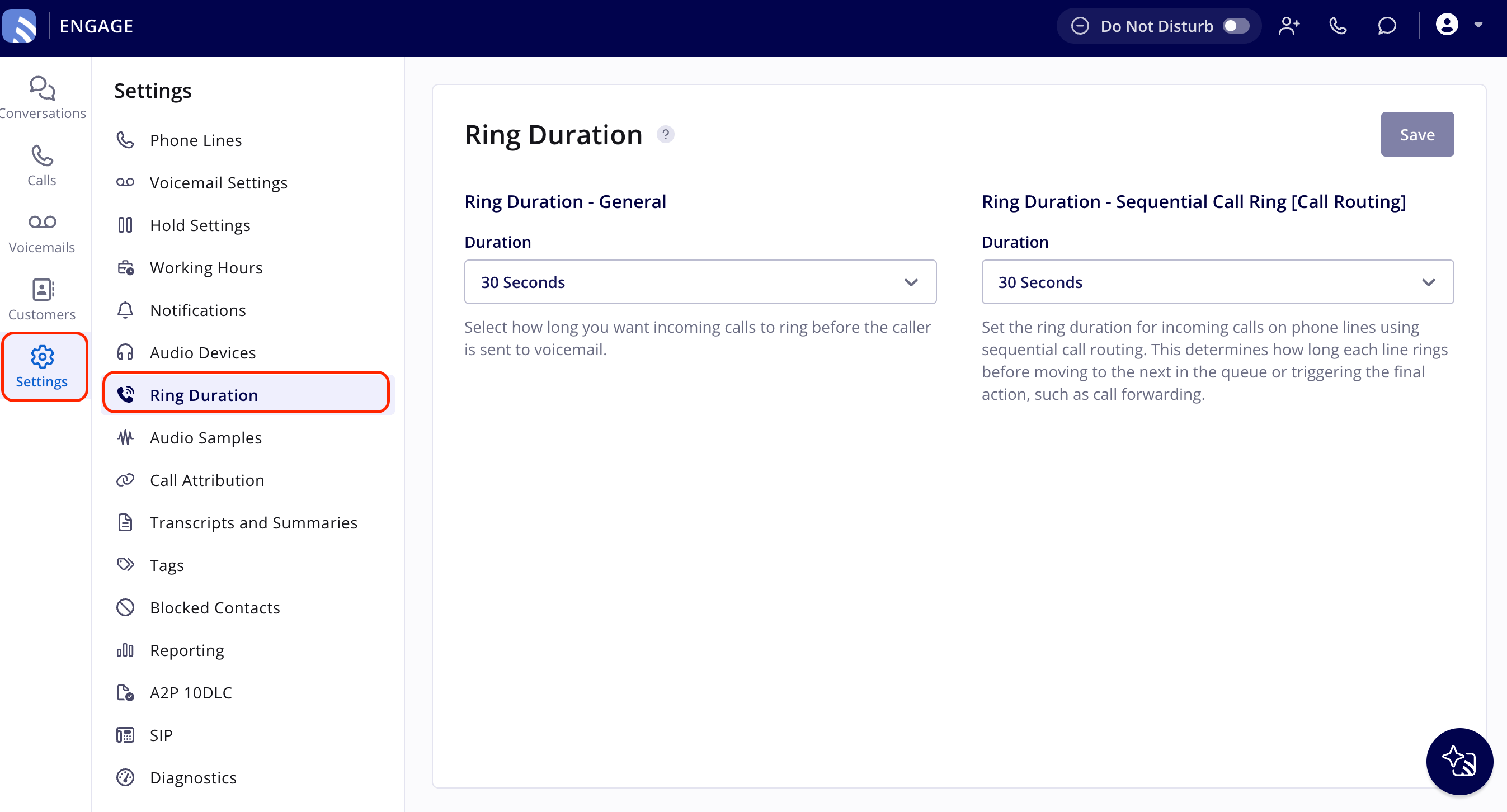 Engage Settings page with Settings highlighted in the left navigation bar and Ring Duration highlighted in the Settings menu, showing the Ring Duration - General and Ring Duration - Sequential Call Ring Duration dropdowns and the Save button