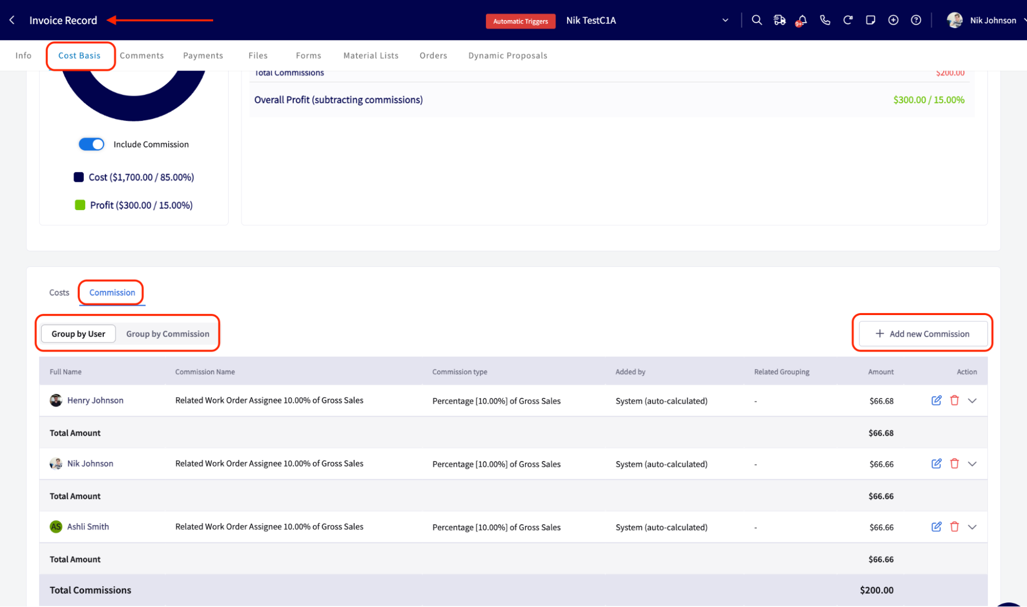 Cost Basis Commission tab on an invoice with the Group by User and Group by Commission toggle above the commission table