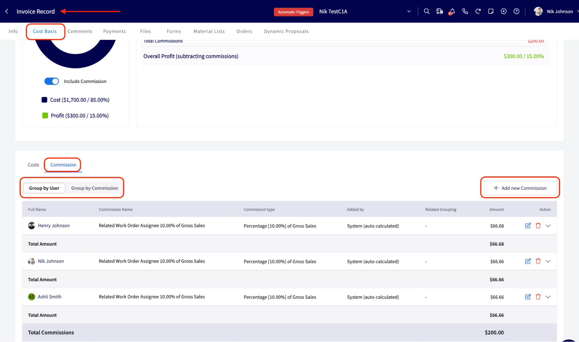 Cost Basis Commission tab on an invoice with the Group by User and Group by Commission toggle above the commission table