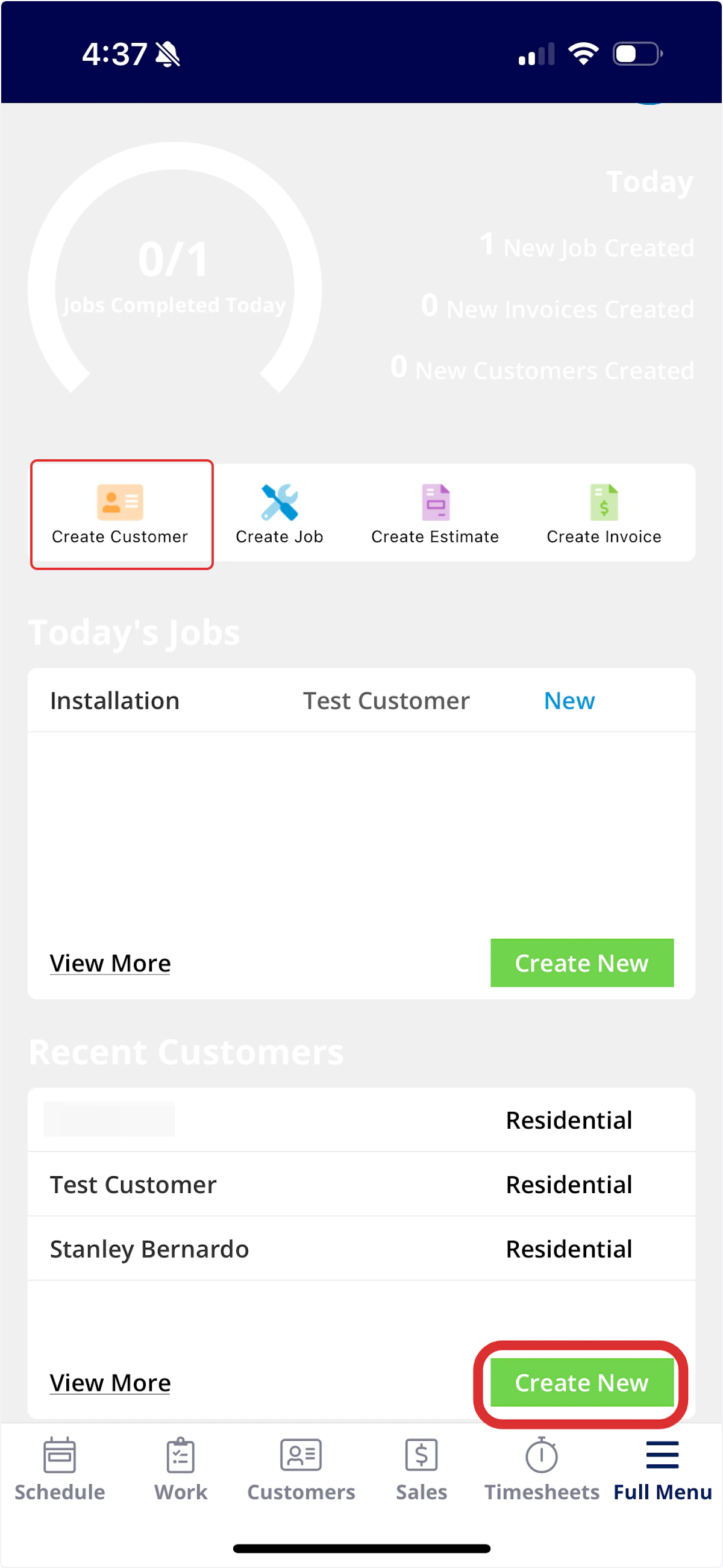 Pulse Dashboard showing Create Customer and Create New buttons under Recent Customers