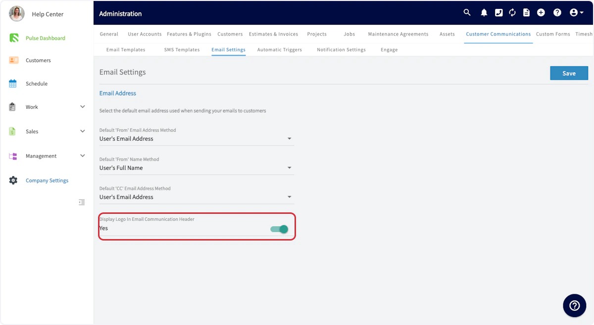 Click on Display Logo In Email Communication Header Yes