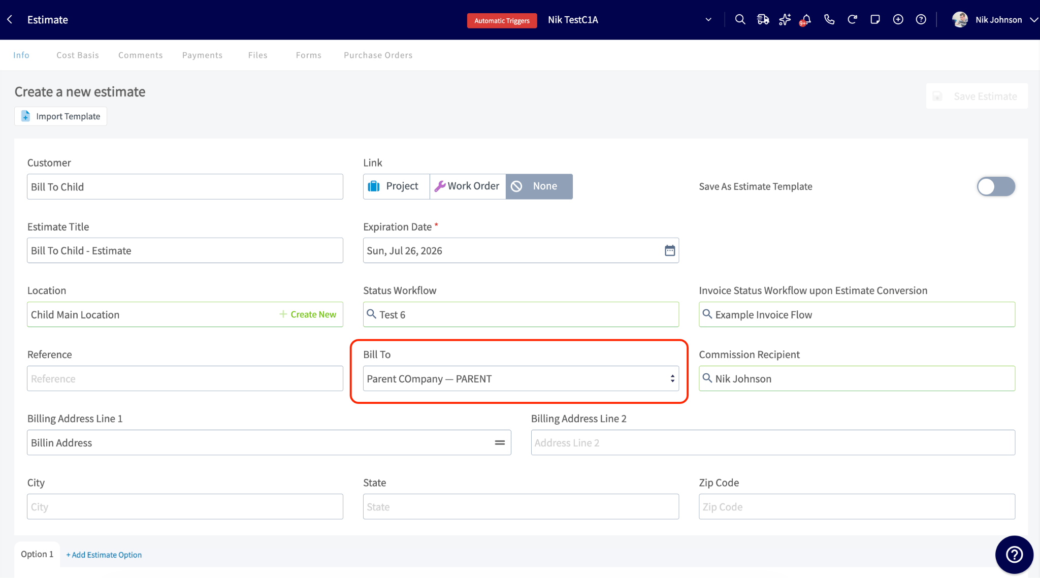 Bill To dropdown on an estimate or invoice