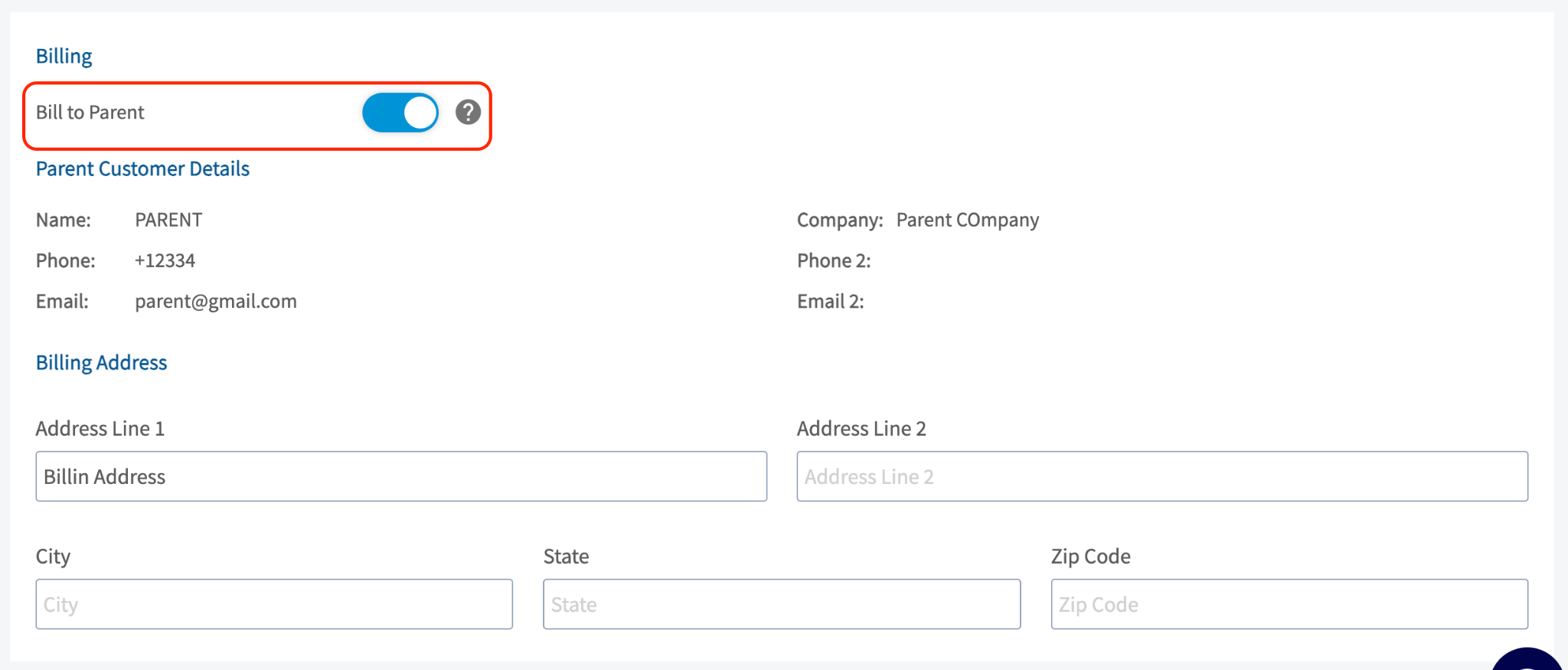 Bill to Parent toggle in the Billing section of a customer record