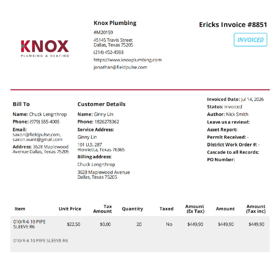 Billing details shown on an estimate or invoice PDF