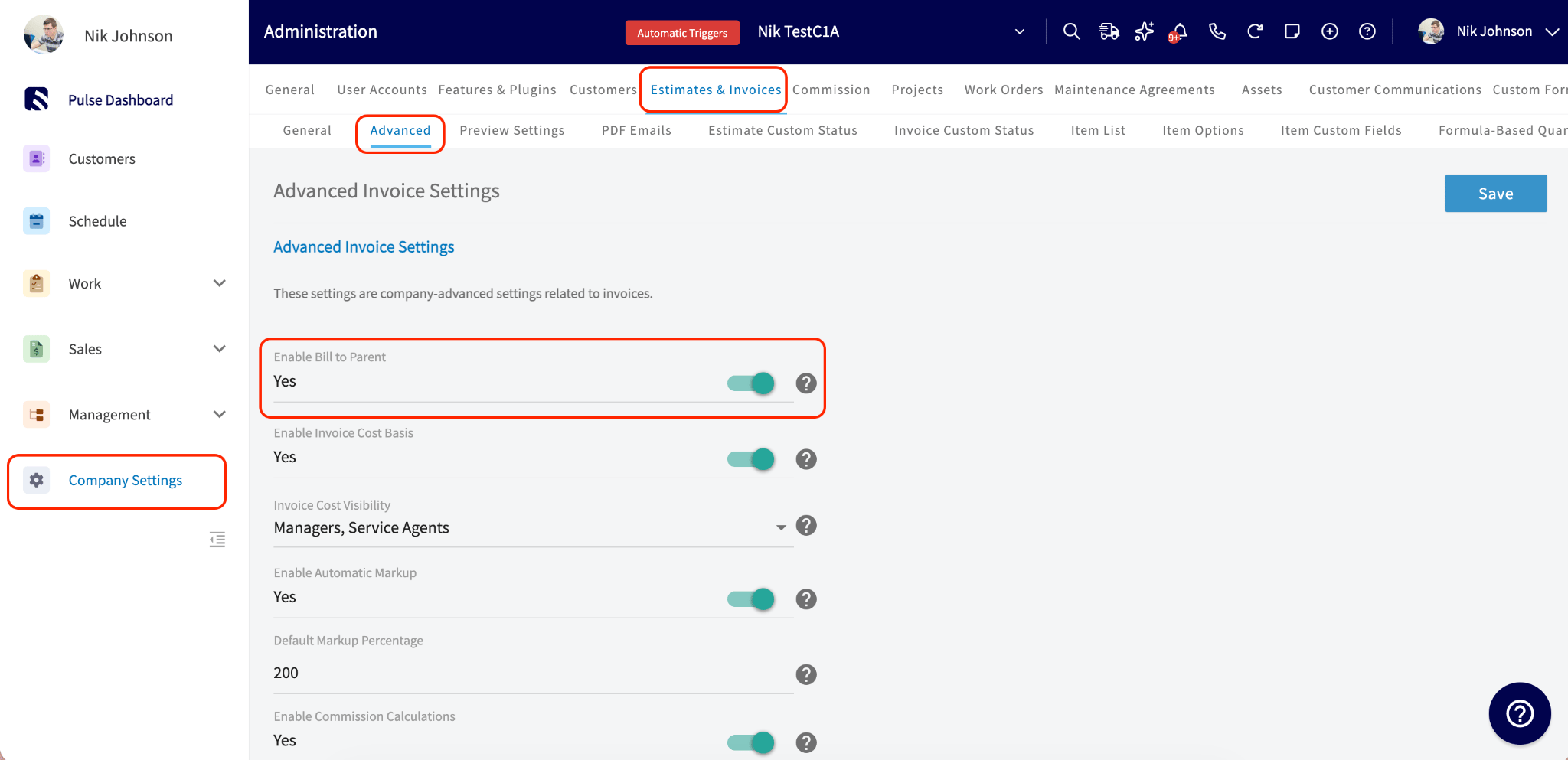 Enable Bill to Parent toggle in Company Settings Advanced