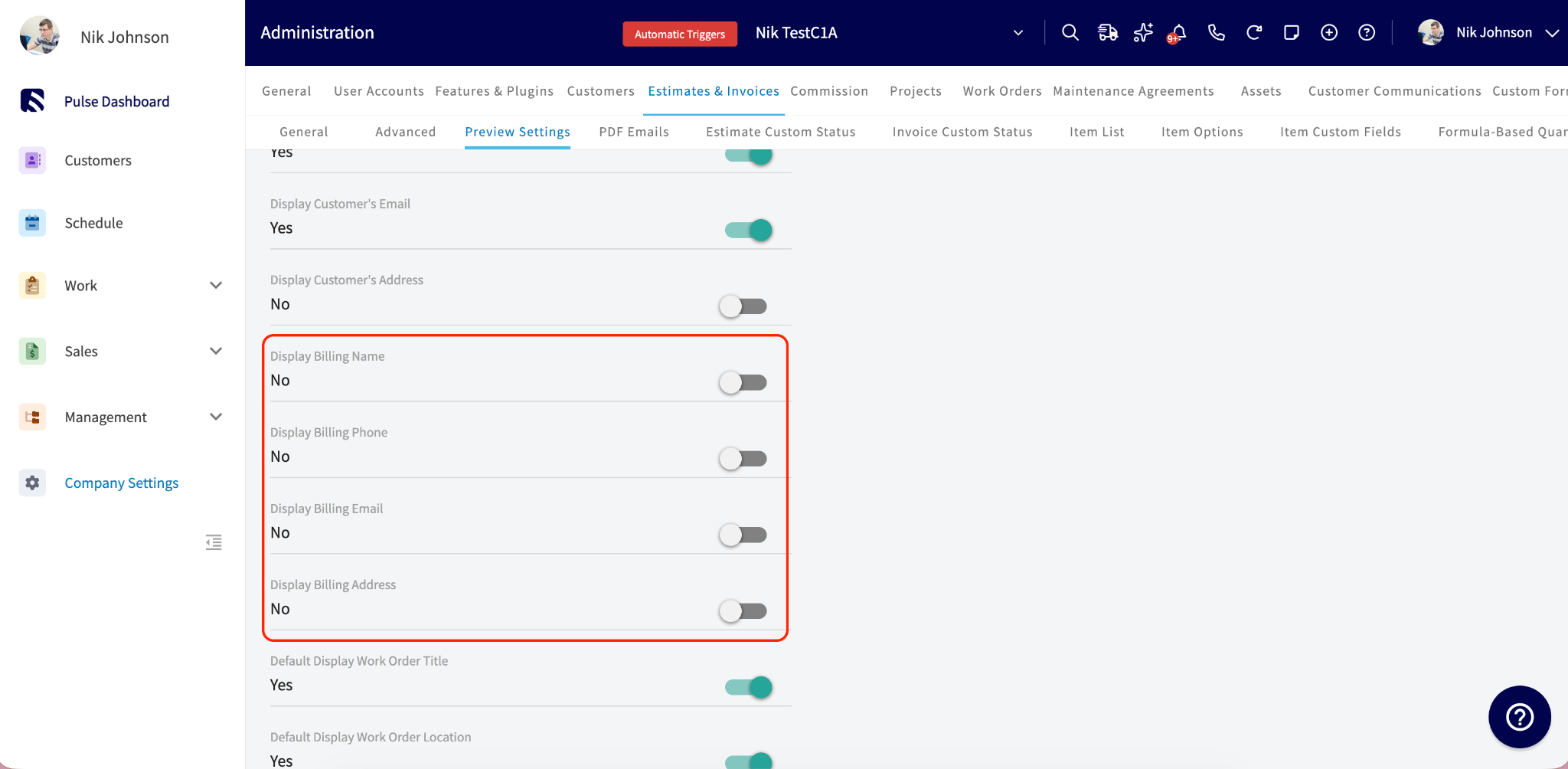 Billing display settings in Preview Settings