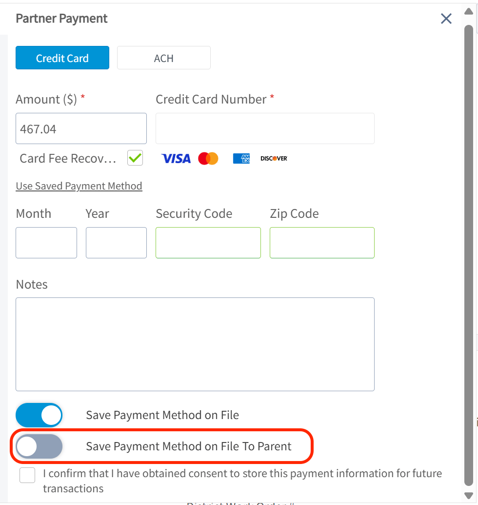 Save Payment Method on File to Parent toggle