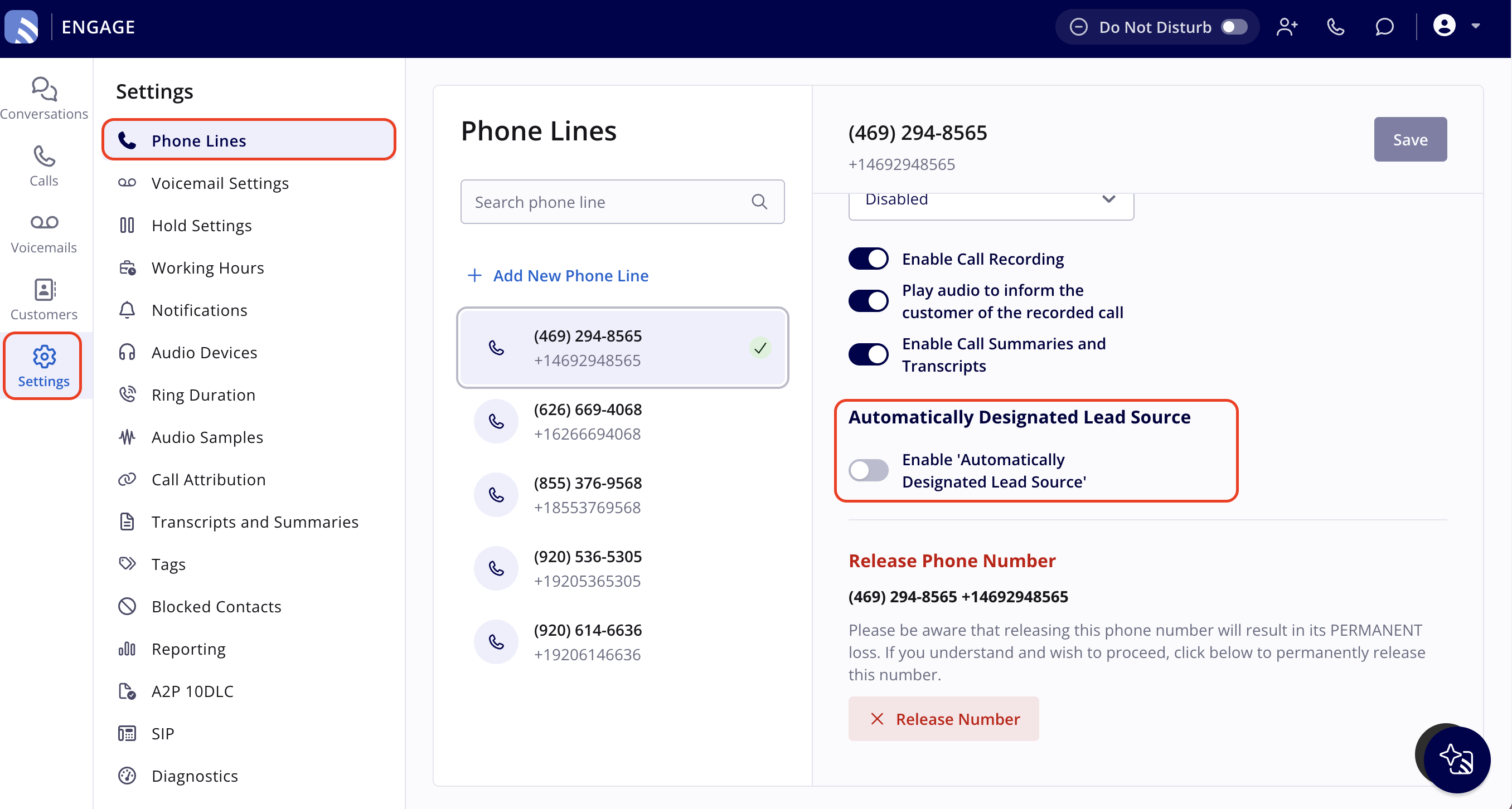 Engage with Settings selected in the left navigation bar, Phone Lines open and a phone line selected, with the Automatically Designated Lead Source section and its Enable 'Automatically Designated Lead Source' toggle highlighted
