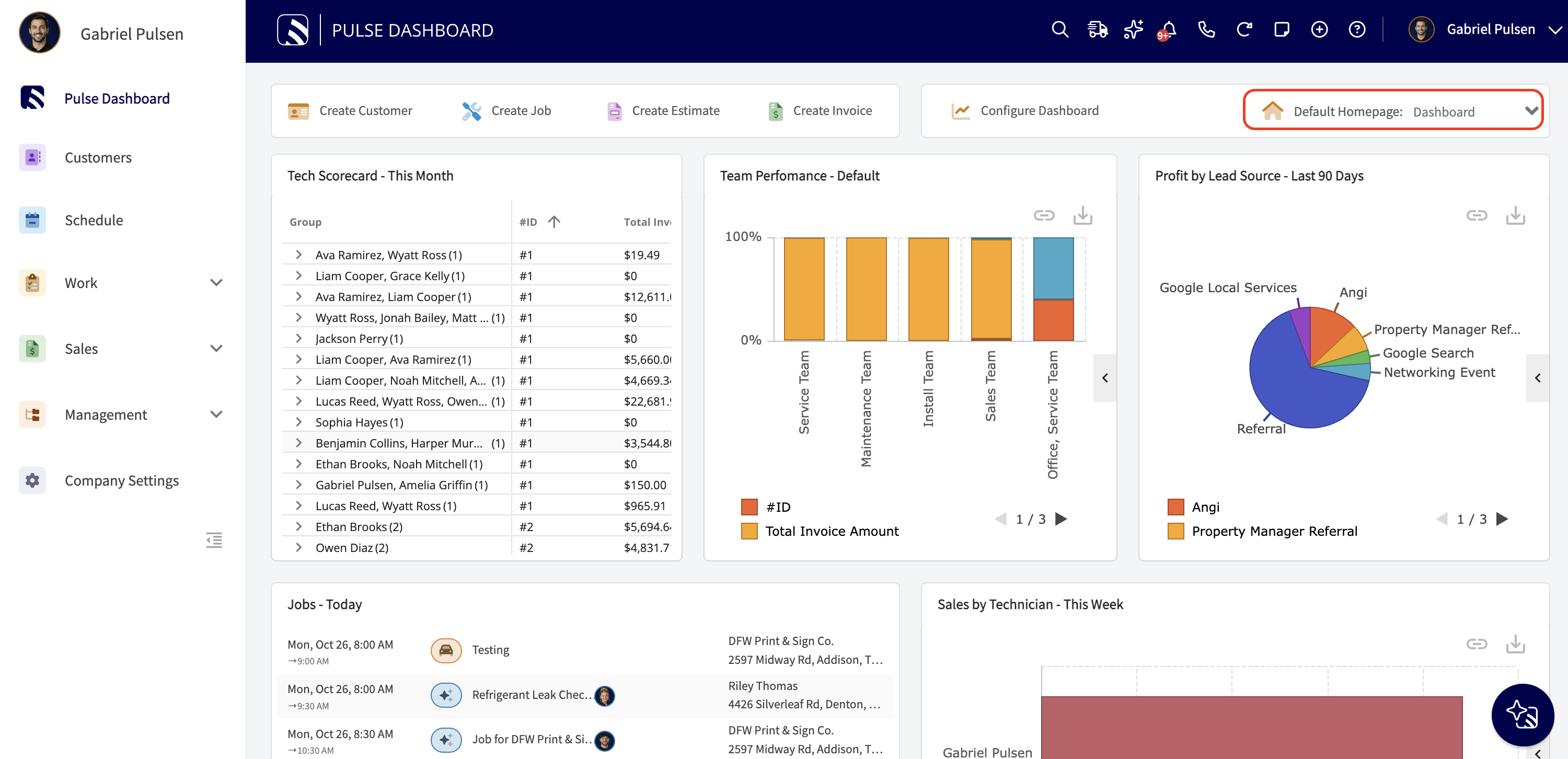 The Default Homepage dropdown highlighted at the top of the Pulse dashboard