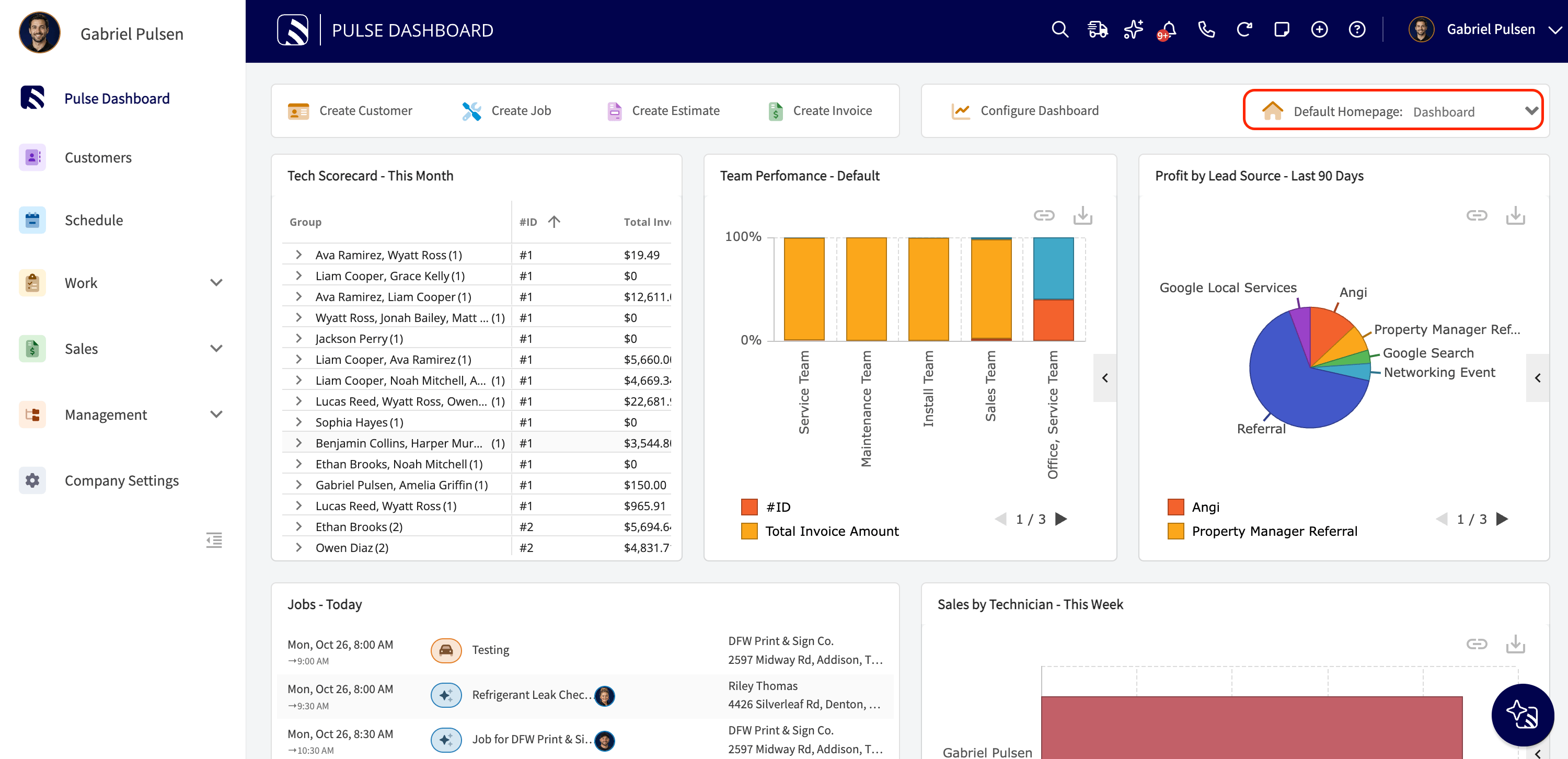 The Default Homepage dropdown highlighted at the top of the Pulse dashboard