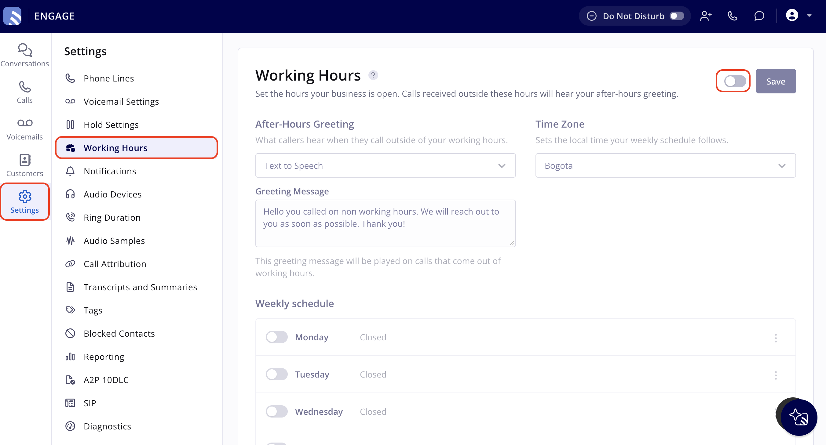 Engage with Settings highlighted in the left navigation bar and Working Hours highlighted in the Settings list, showing the Working Hours page with its on/off toggle circled next to Save, above the After-Hours Greeting, Greeting Message, Time Zone, and Weekly schedule settings
