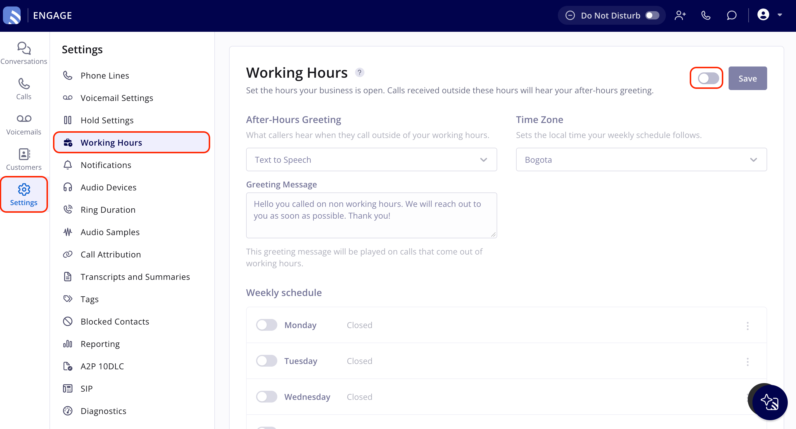 Engage with Settings highlighted in the left navigation bar and Working Hours highlighted in the Settings list, showing the Working Hours page with its on/off toggle circled next to Save, above the After-Hours Greeting, Greeting Message, Time Zone, and Weekly schedule settings