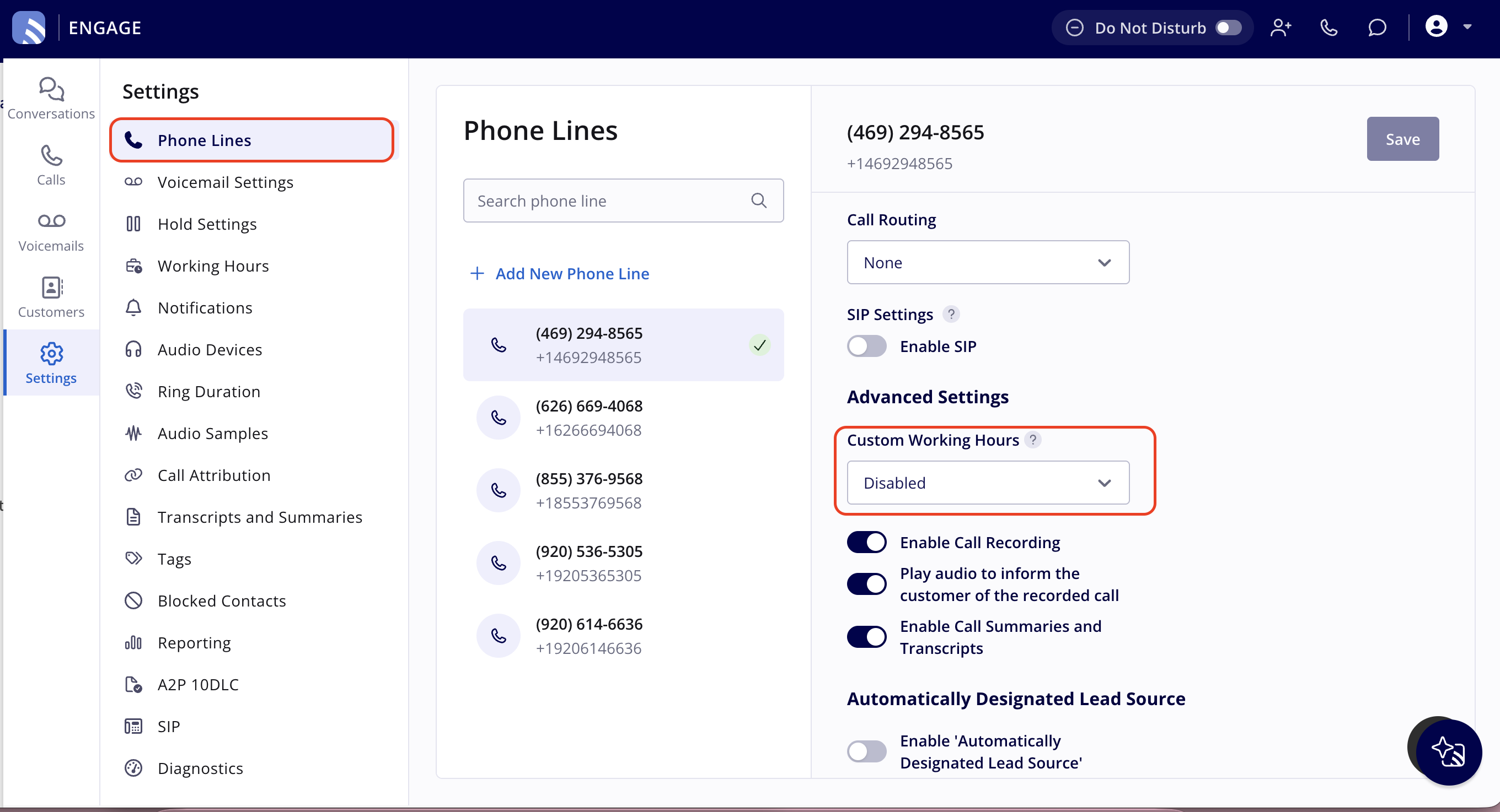 Engage Settings with Phone Lines highlighted in the Settings list and a phone line selected, with the Custom Working Hours dropdown under that line's Advanced Settings circled and set to Disabled