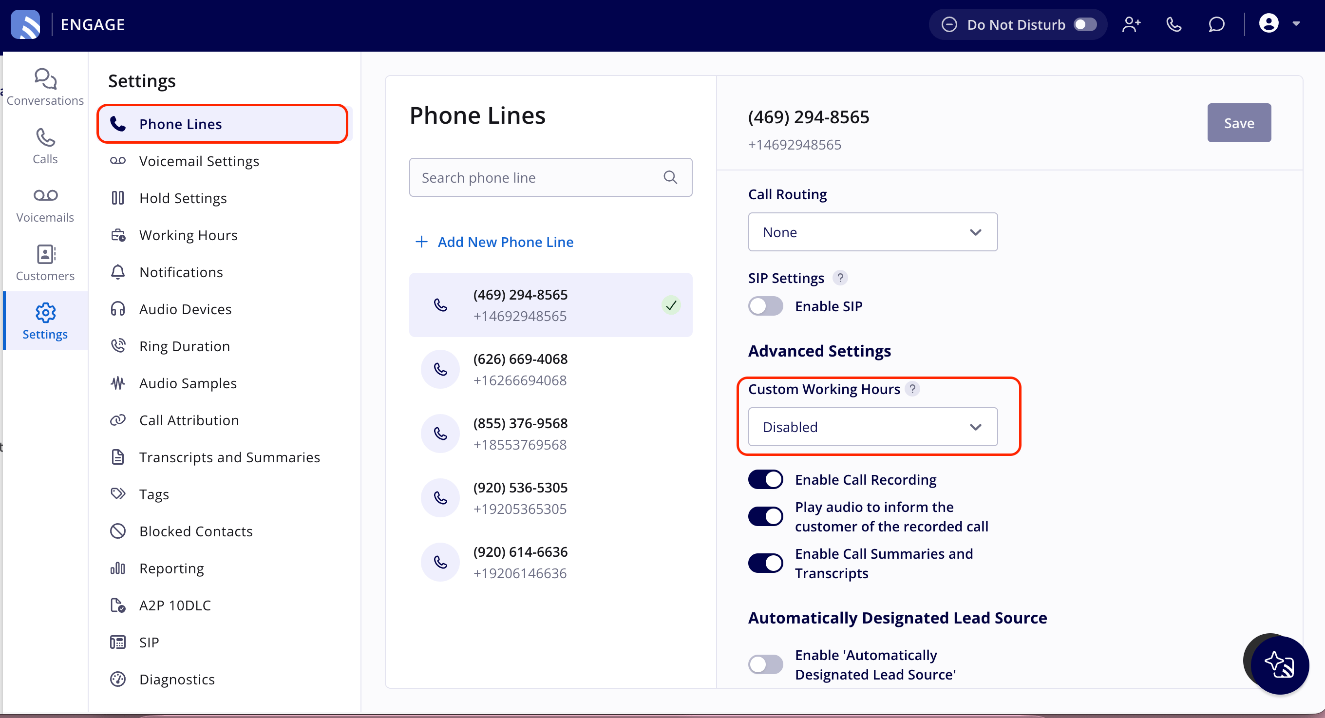 Engage Settings with Phone Lines highlighted in the Settings list and a phone line selected, with the Custom Working Hours dropdown under that line's Advanced Settings circled and set to Disabled