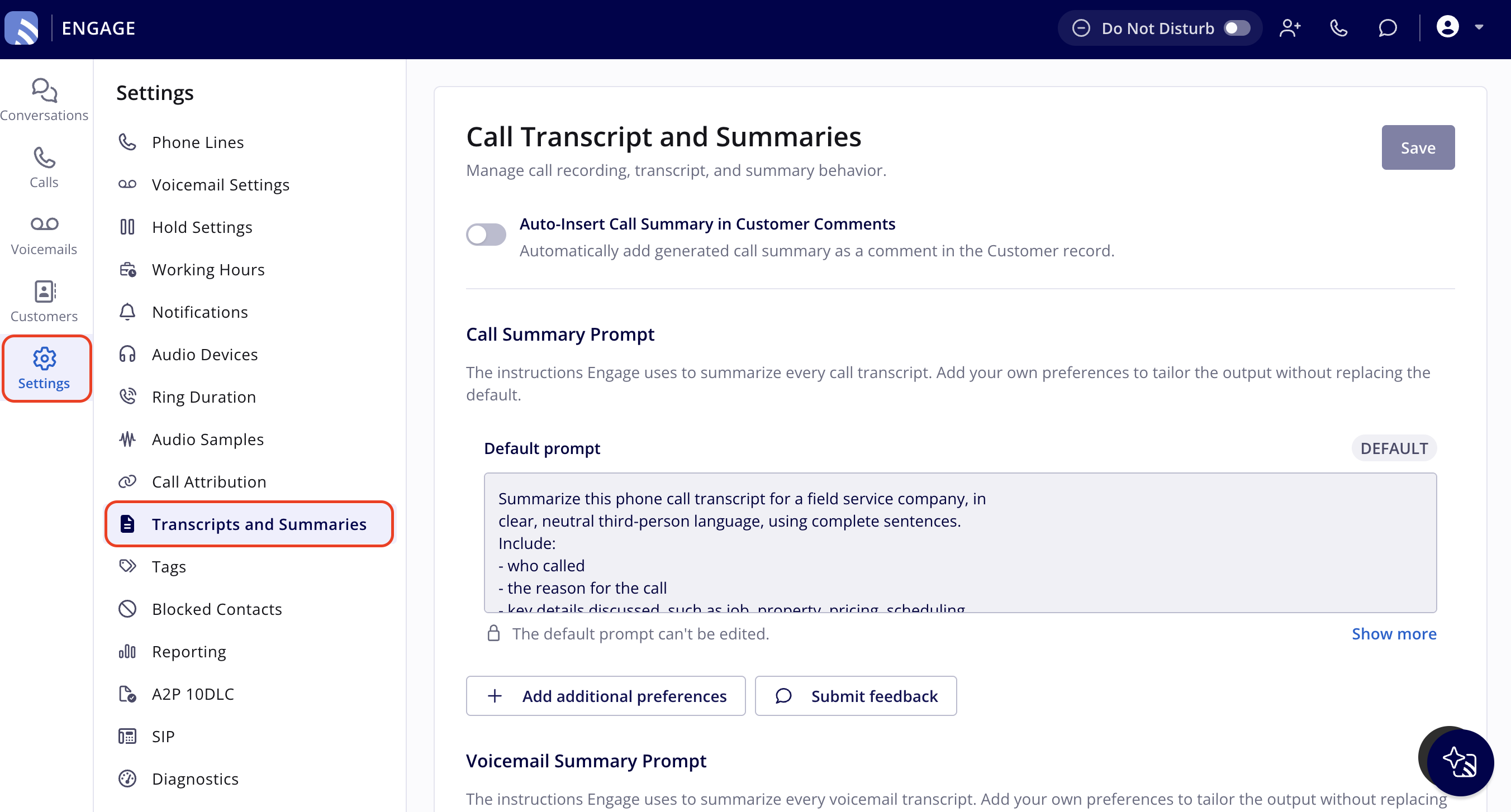 Transcripts and Summaries settings page with the sidebar item highlighted, showing the Call Summary Prompt and the start of the Voicemail Summary Prompt