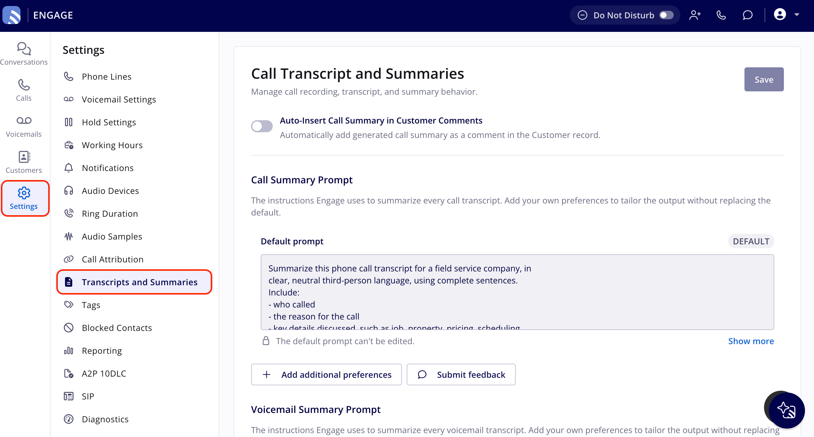 Transcripts and Summaries settings page with the sidebar item highlighted, showing the Call Summary Prompt and the start of the Voicemail Summary Prompt