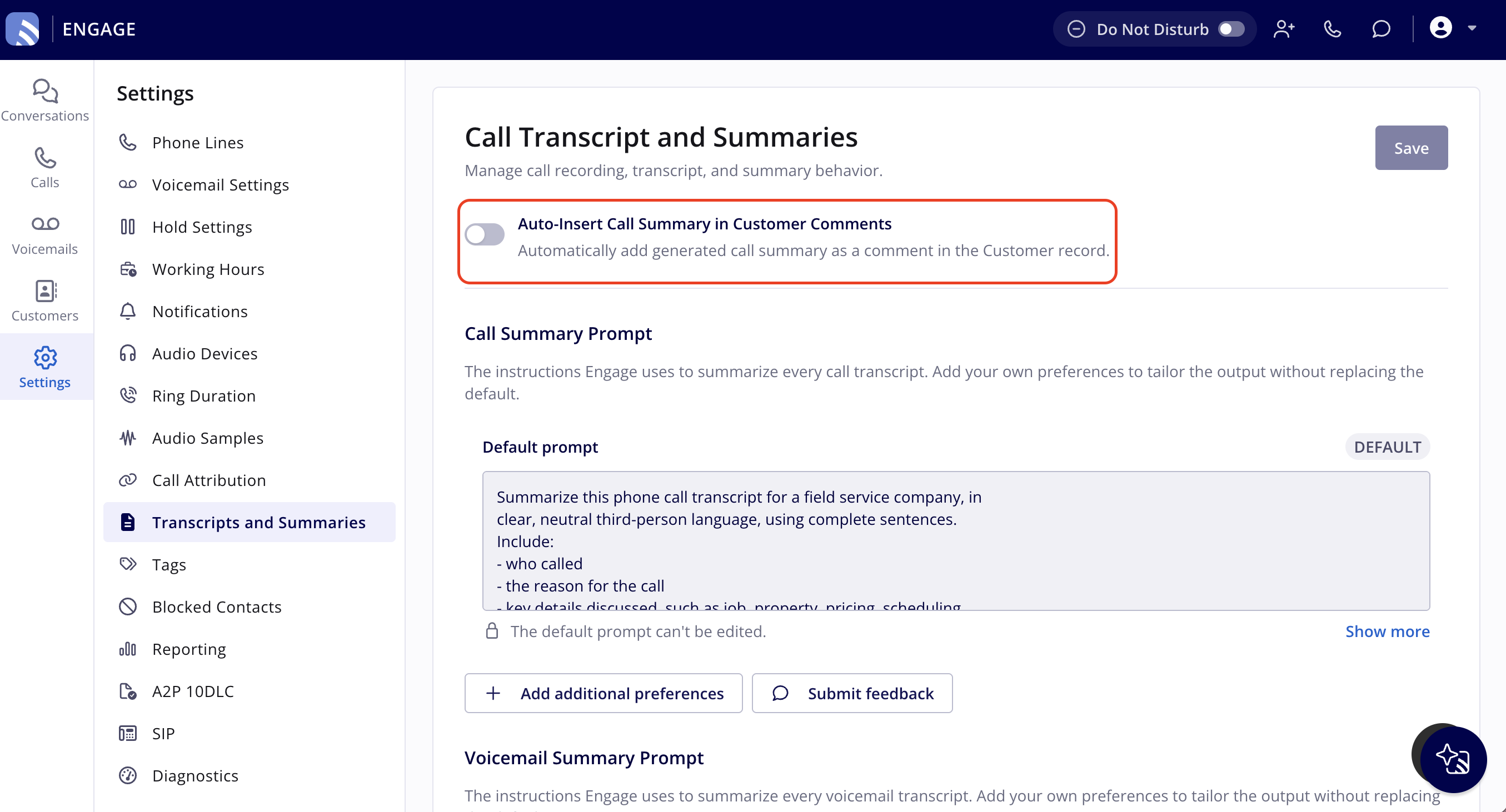 Transcripts and Summaries settings page with the Auto-Insert Call Summary in Customer Comments toggle highlighted and turned off