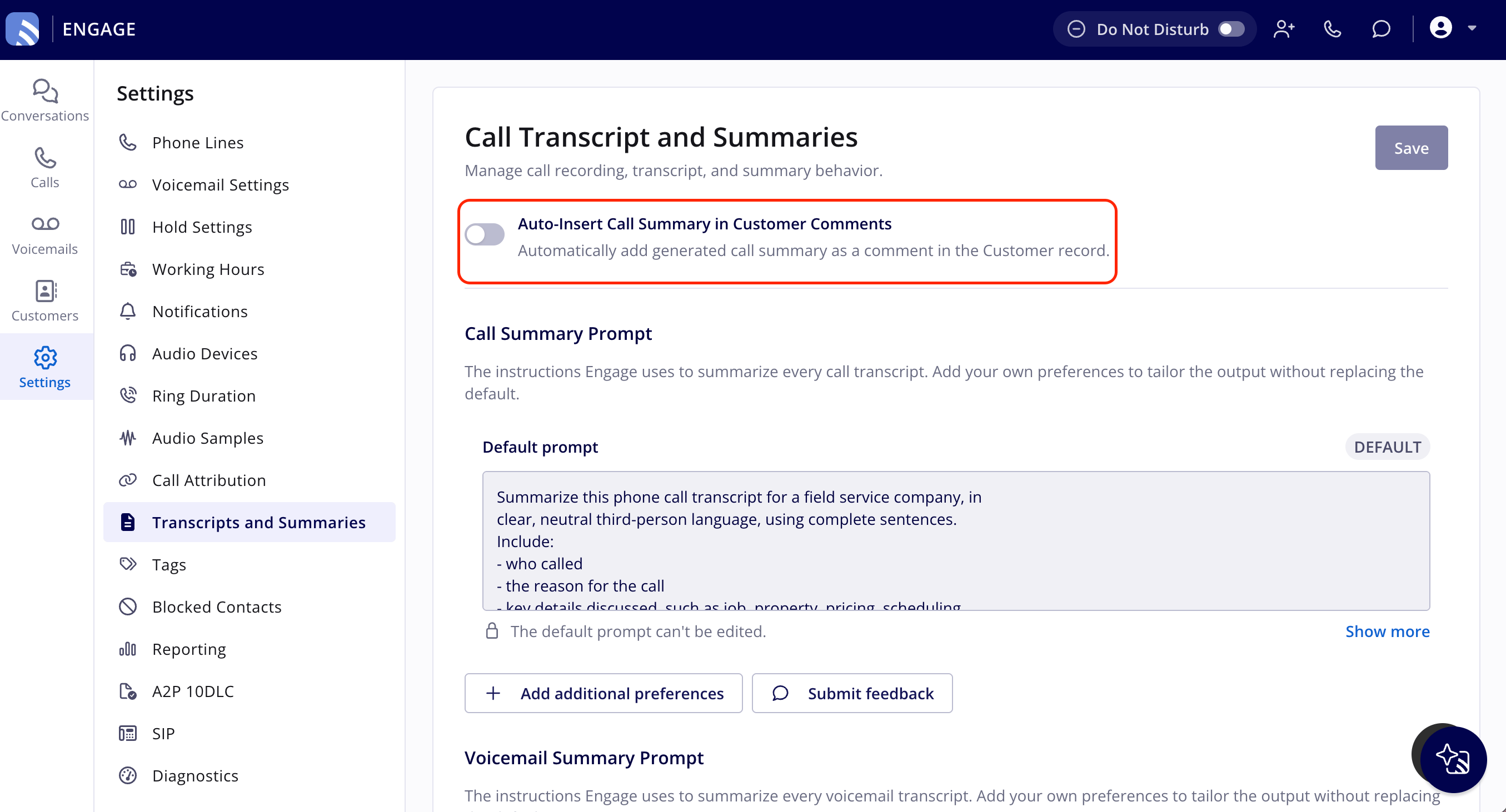 Transcripts and Summaries settings page with the Auto-Insert Call Summary in Customer Comments toggle highlighted and turned off