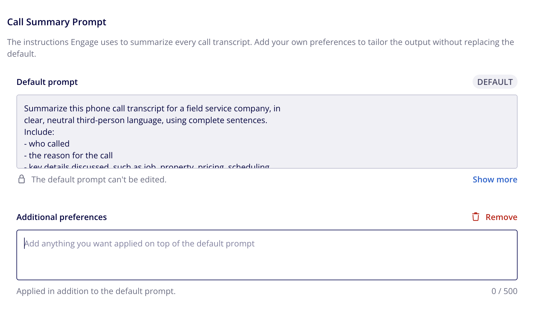 Call Summary Prompt section with the read-only Default prompt and the Additional preferences box expanded, showing its Remove button and character counter
