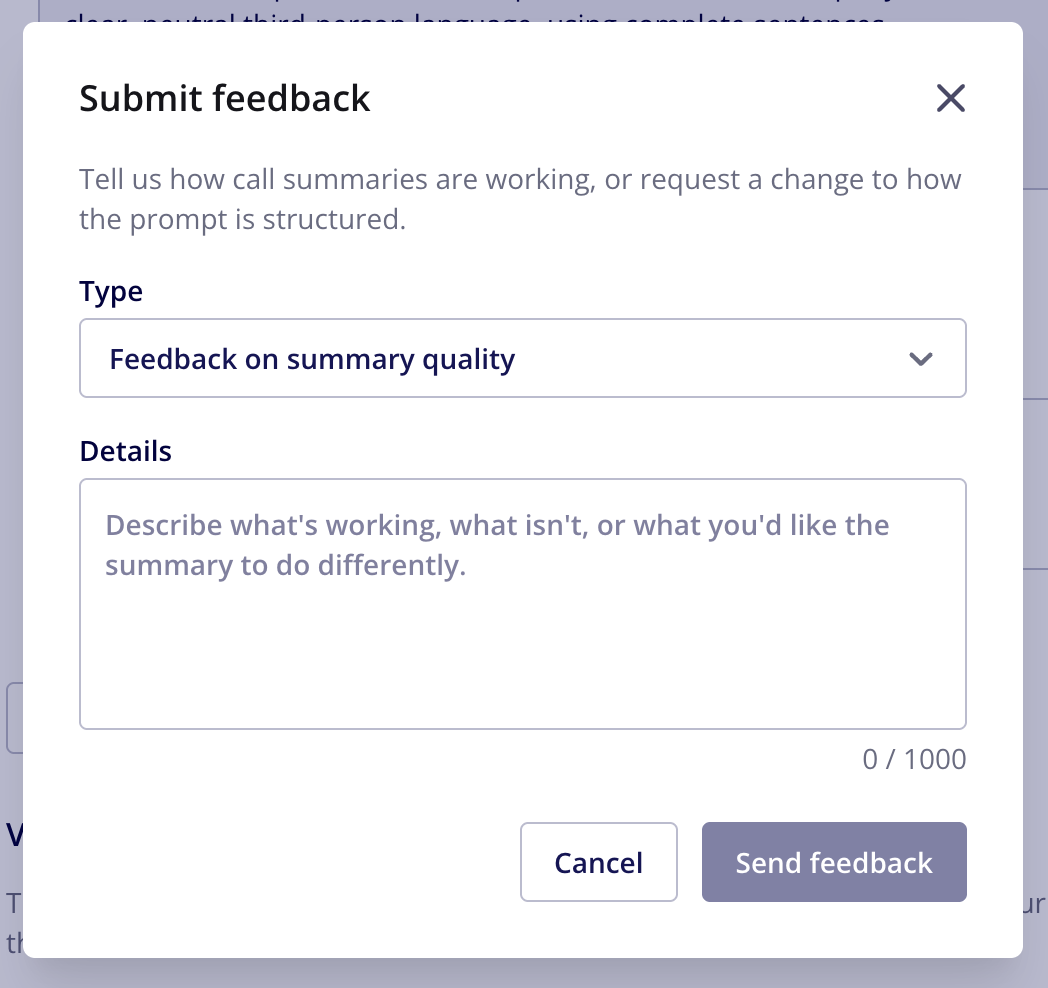 Submit feedback dialog with a Type dropdown and a Details text area