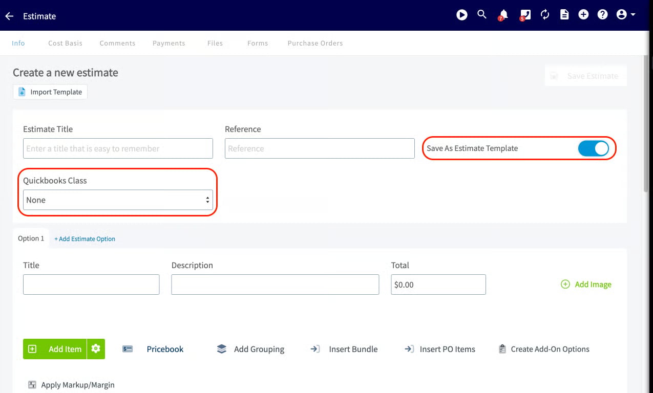 FieldPulse Create a new estimate screen with the QuickBooks Class dropdown highlighted