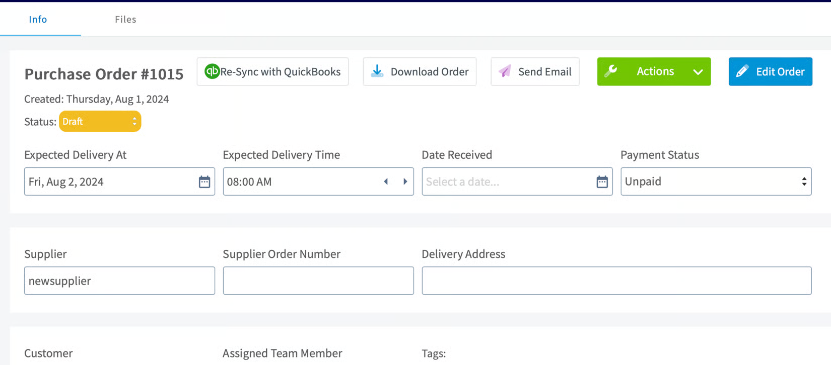 FieldPulse purchase order record with the Re-Sync with QuickBooks button
