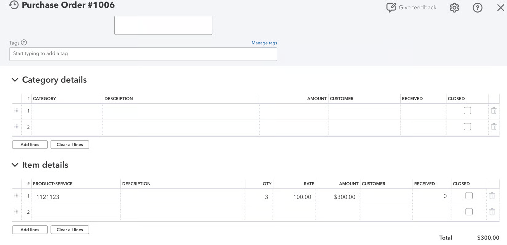 QuickBooks Online purchase order showing the Category details and Item details lines