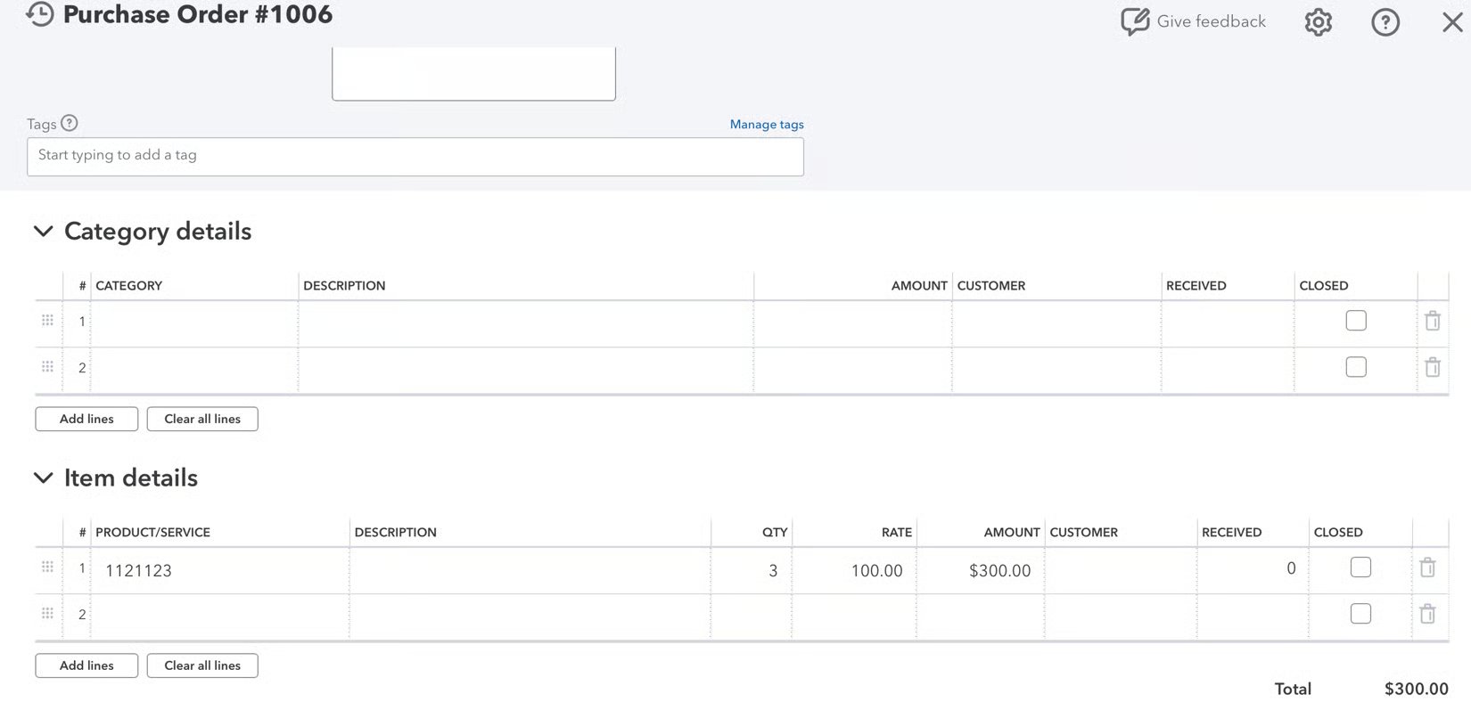 QuickBooks Online purchase order showing the Category details and Item details lines