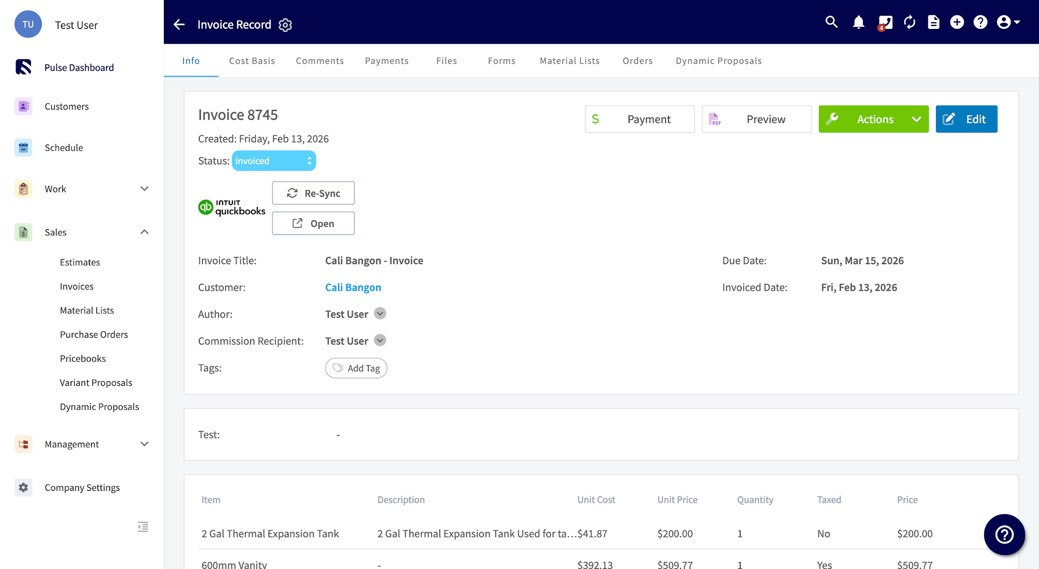 FieldPulse view of a record in a QuickBooks Online sync comparison