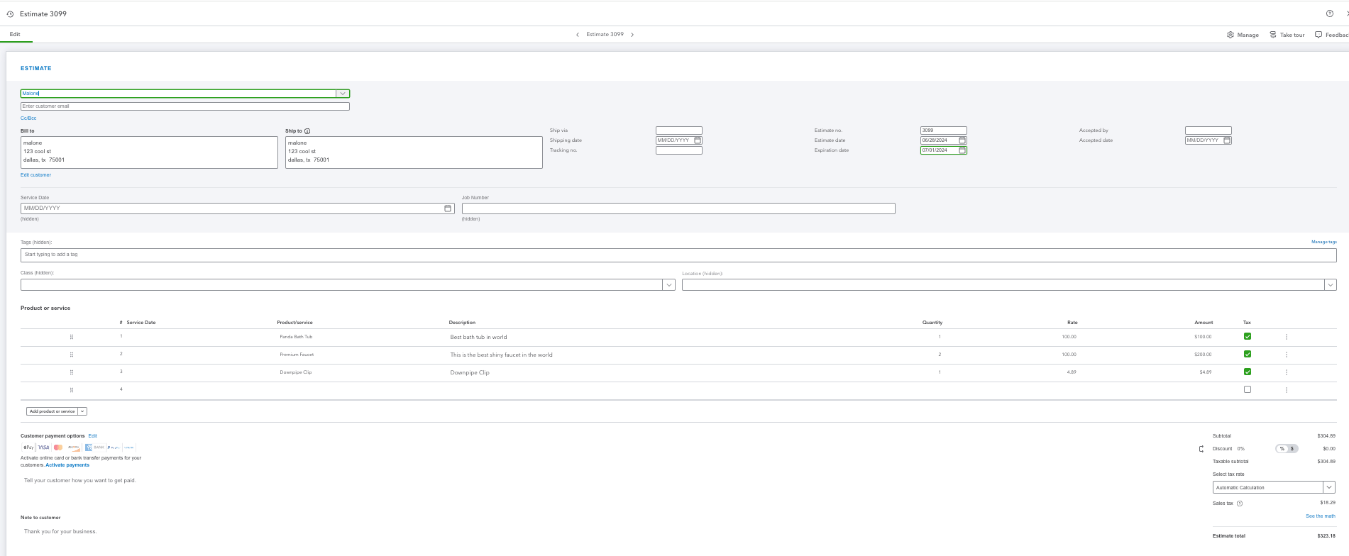 The synced record as it appears in QuickBooks Online