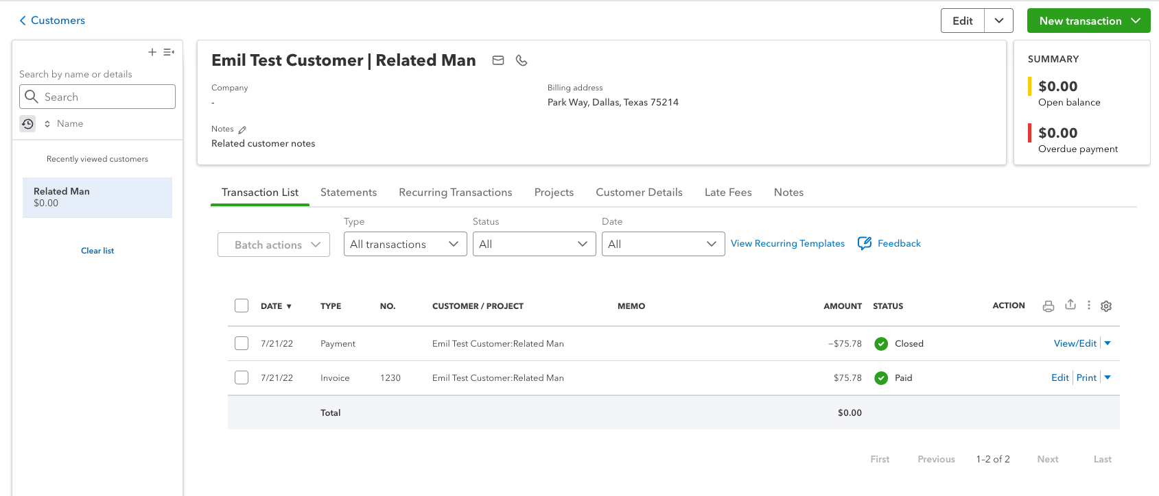 The matching synced record shown in QuickBooks Online