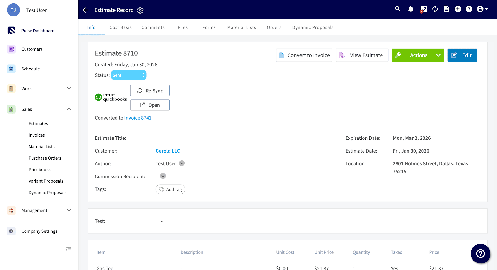 FieldPulse record used in a QuickBooks Online sync example