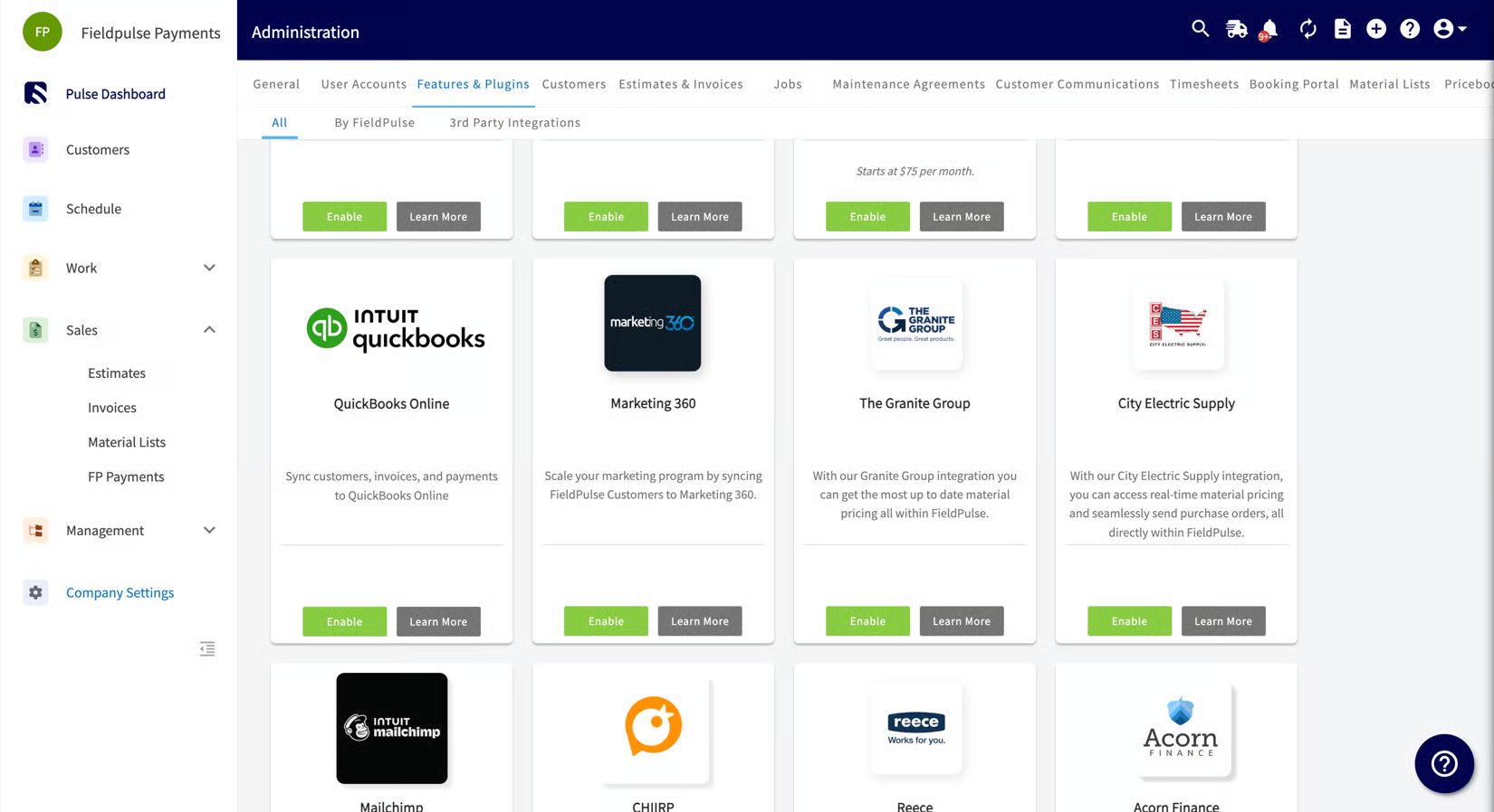 Features & Plugins tab showing the QuickBooks Online integration tile