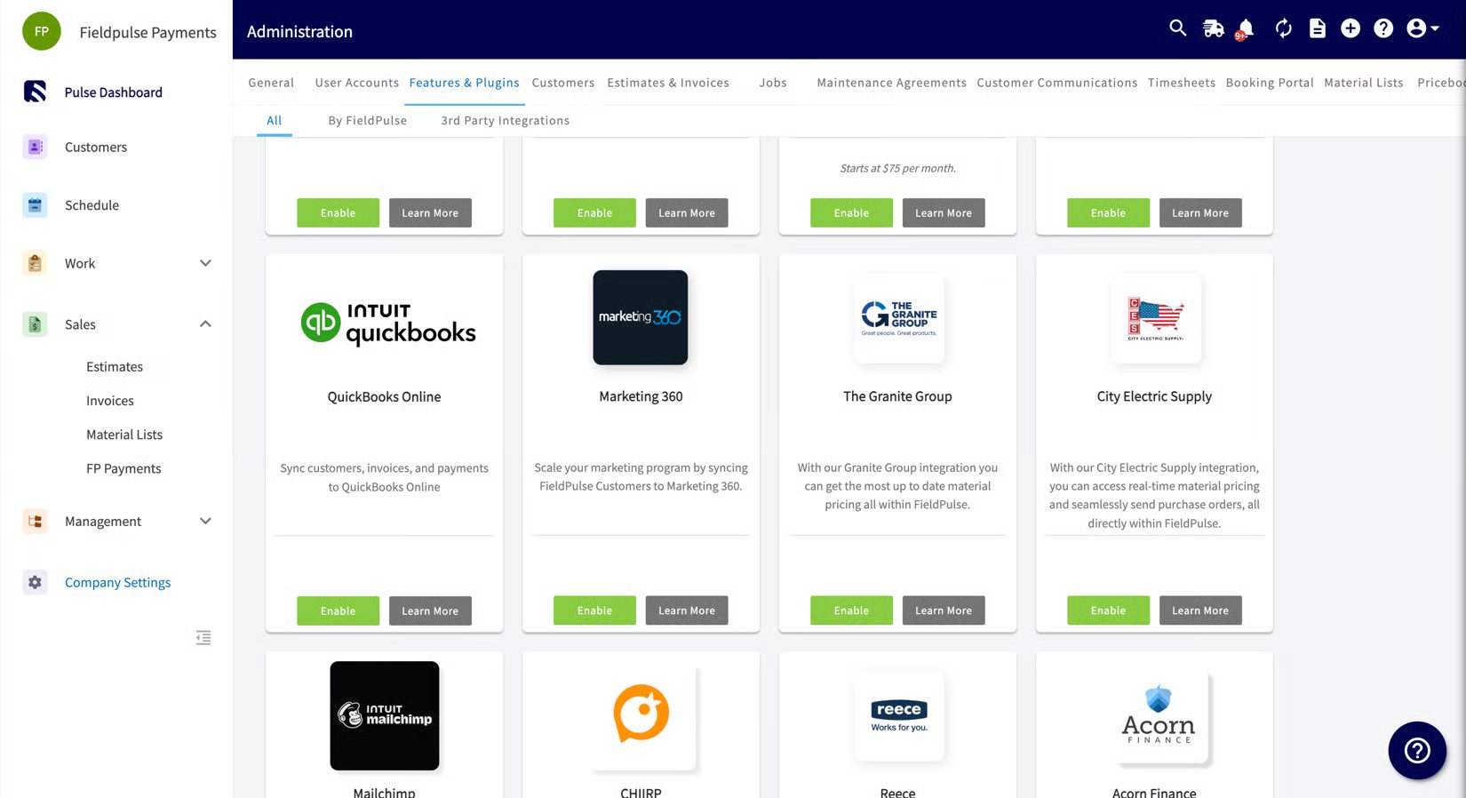 Features & Plugins tab showing the QuickBooks Online integration tile