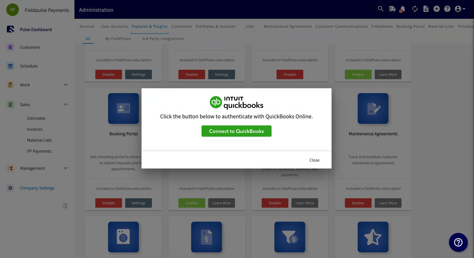 Connect to QuickBooks authentication prompt over the Features & Plugins tab