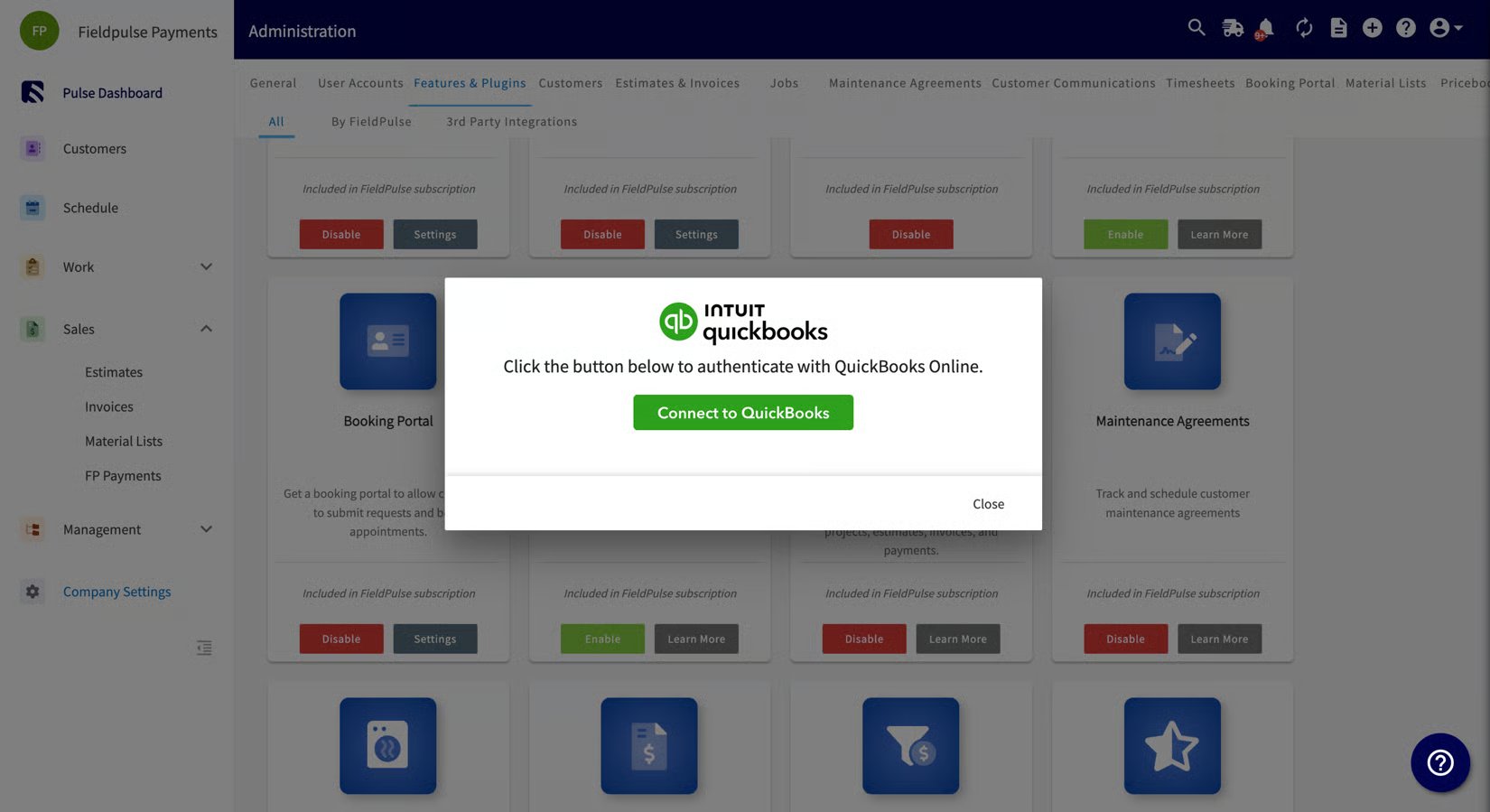 Connect to QuickBooks authentication prompt over the Features & Plugins tab