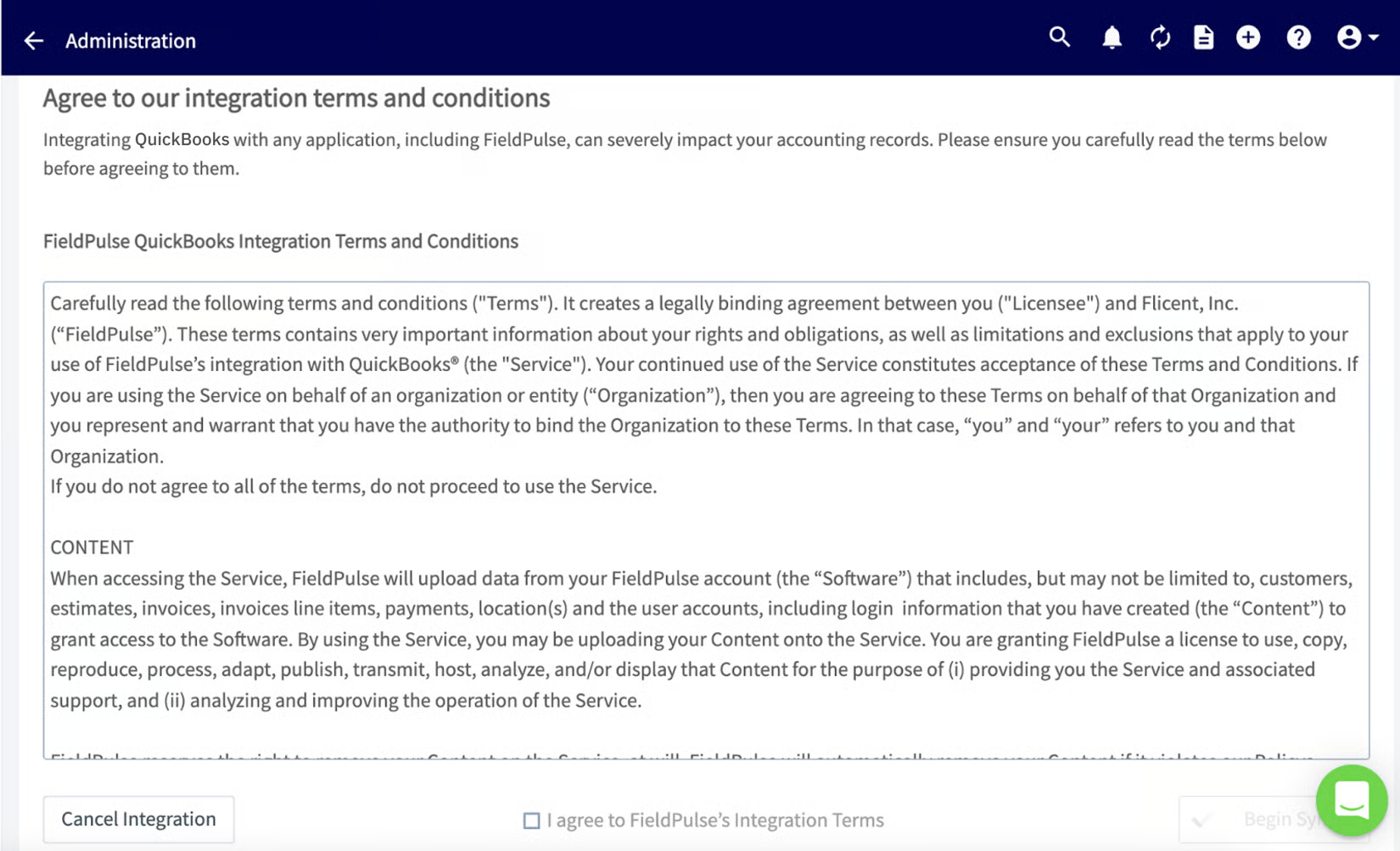 Agree to our integration terms and conditions screen for the QuickBooks integration