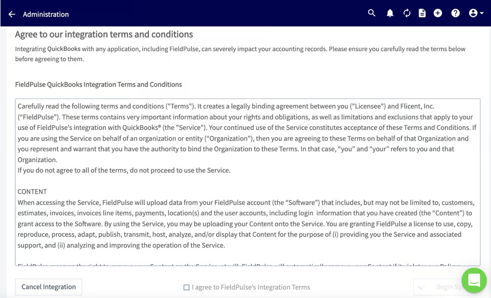 Agree to our integration terms and conditions screen for the QuickBooks integration