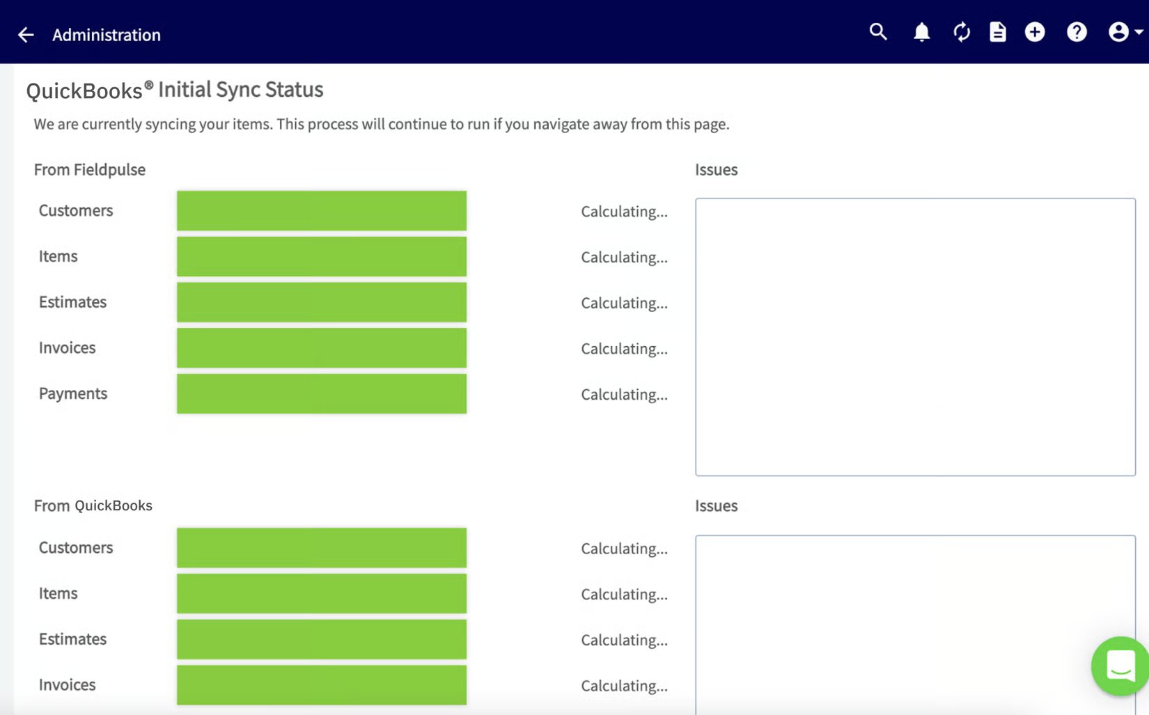 QuickBooks Initial Sync Status page with progress bars for each record type