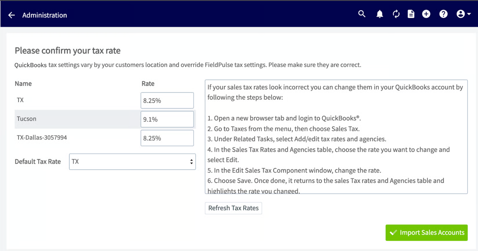 Confirm your tax rate screen listing QuickBooks tax rates and the default tax rate