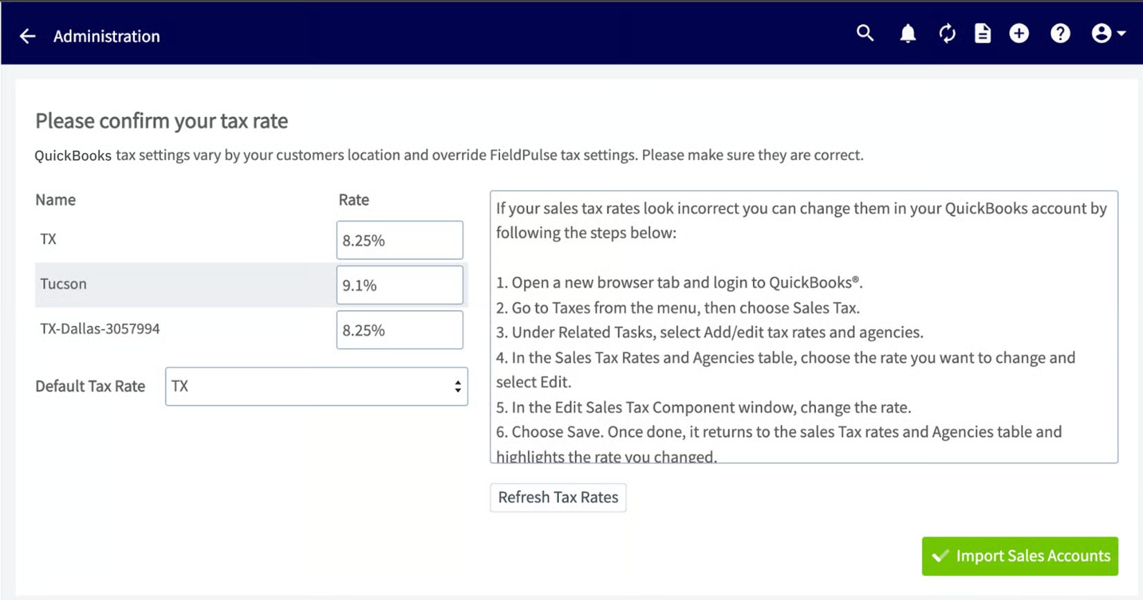Confirm your tax rate screen listing QuickBooks tax rates and the default tax rate